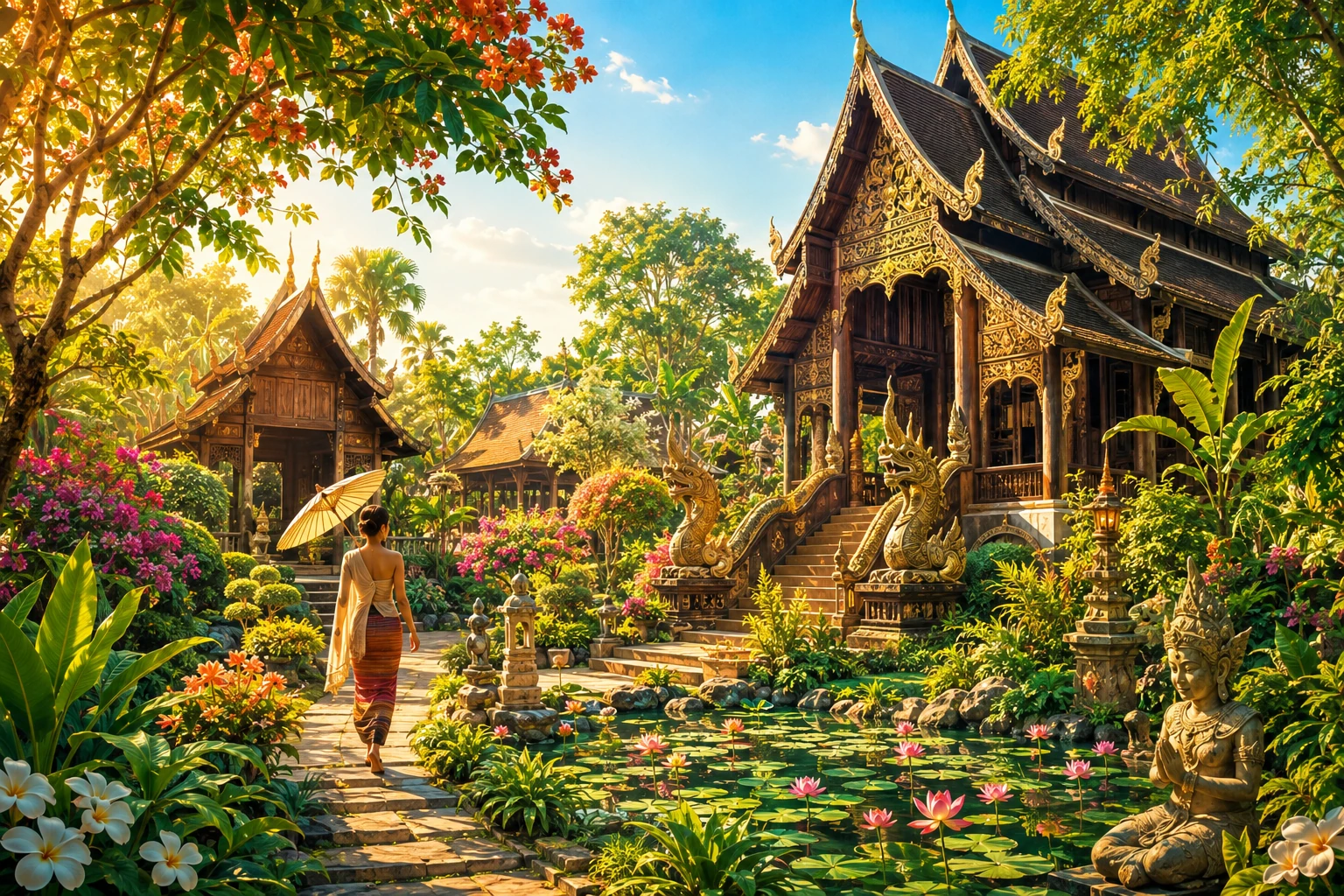 Vintage illustration of Rai Mae Fah Luang Art and Cultural Park in Chiang Rai