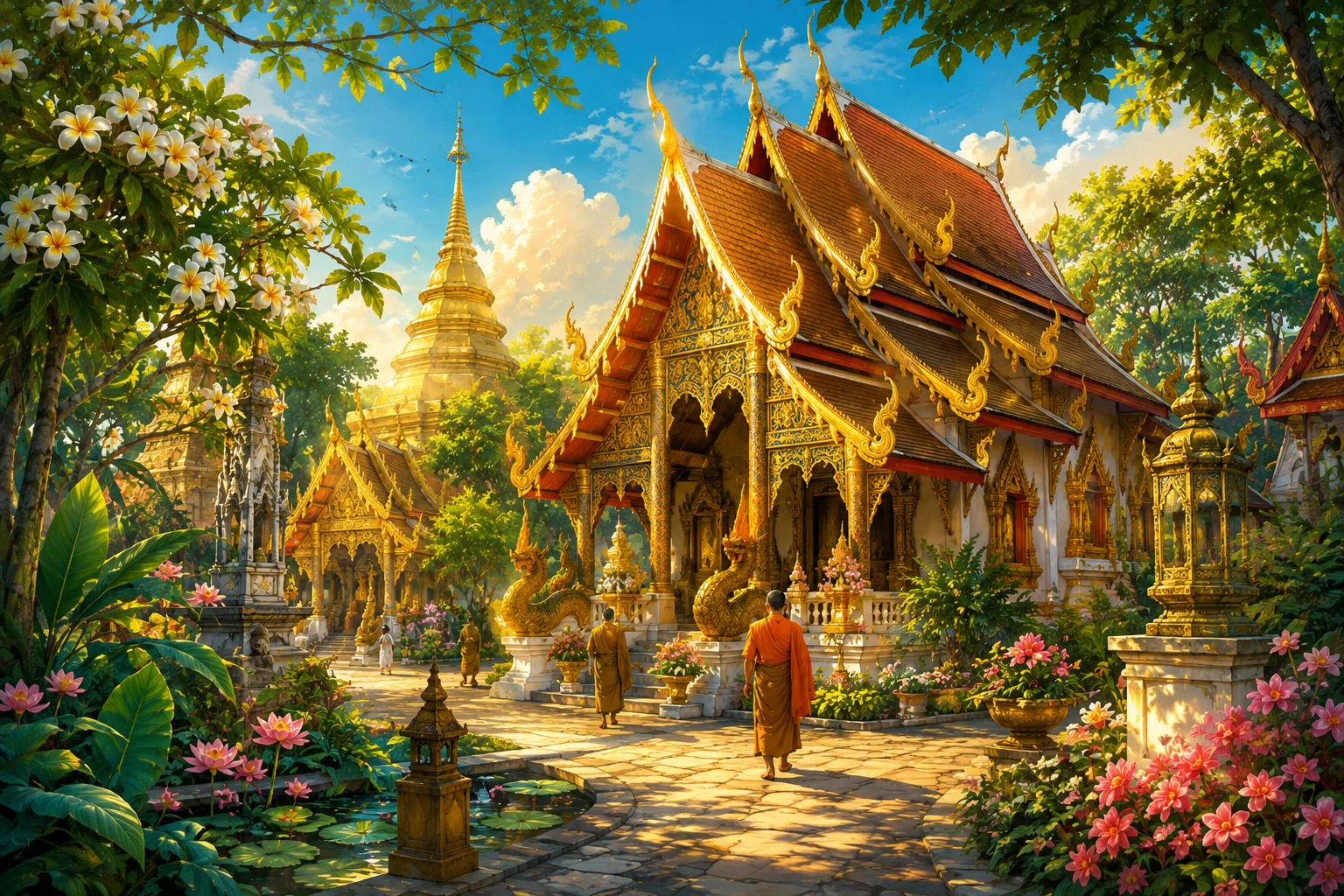 Vintage illustration of Wat Phra Kaew in Chiang Rai