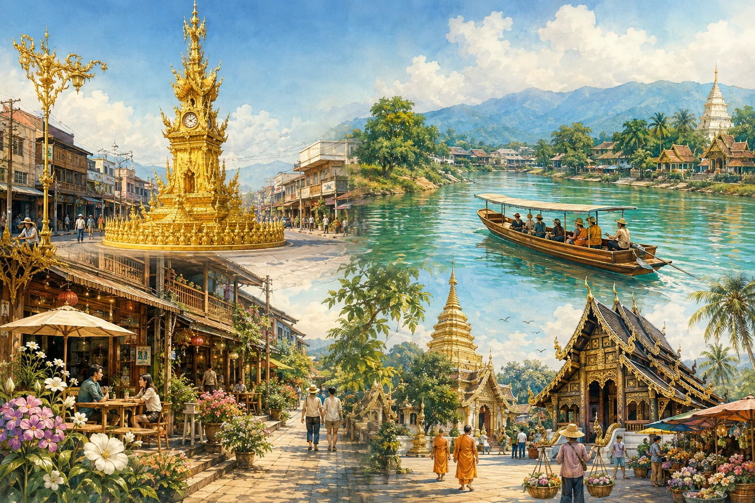 Illustrated route through central Chiang Rai and along the Kok River