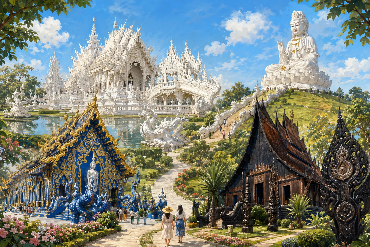 Illustrated route through Chiang Rai's White, Blue, and Black landmarks