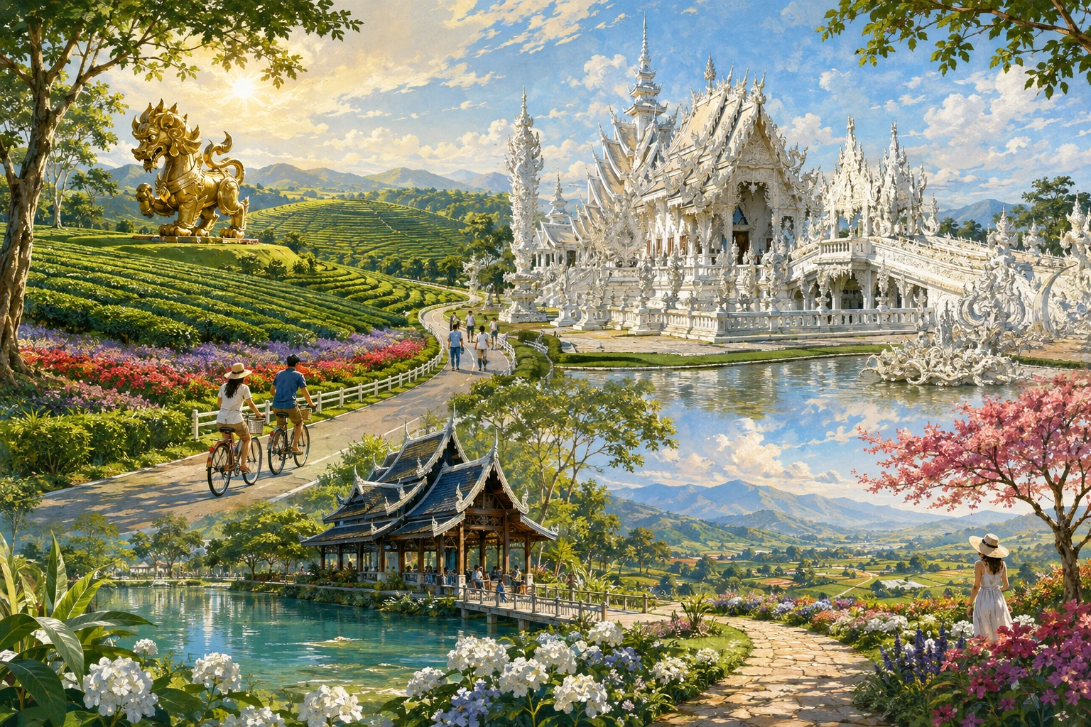 Illustrated route south of Chiang Rai through Singha Park and the White Temple