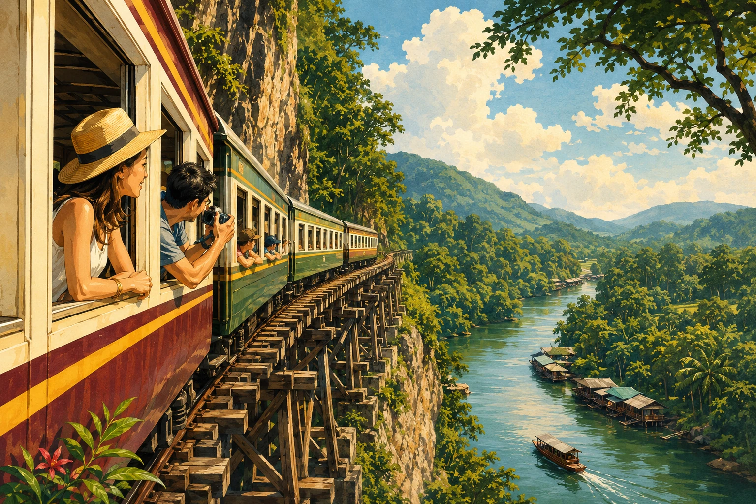 Train riding the Death Railway in Kanchanaburi