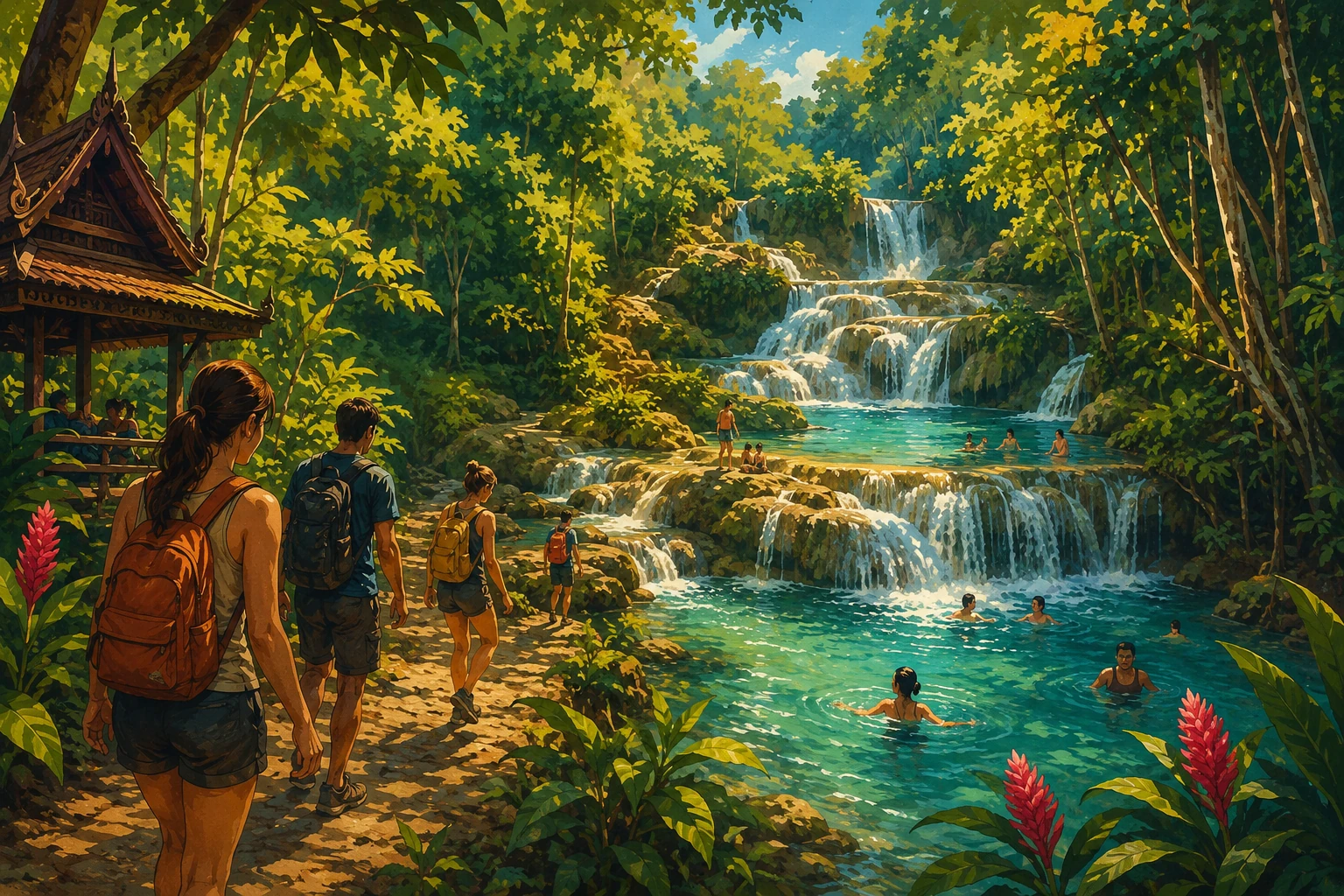Travelers hiking and swimming at Erawan Waterfalls