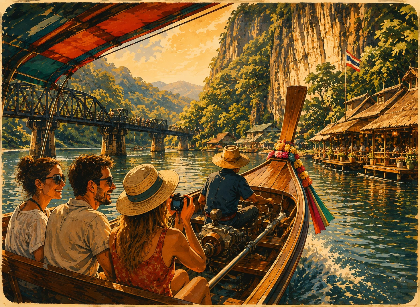 Longtail boat traveling along the River Kwai
