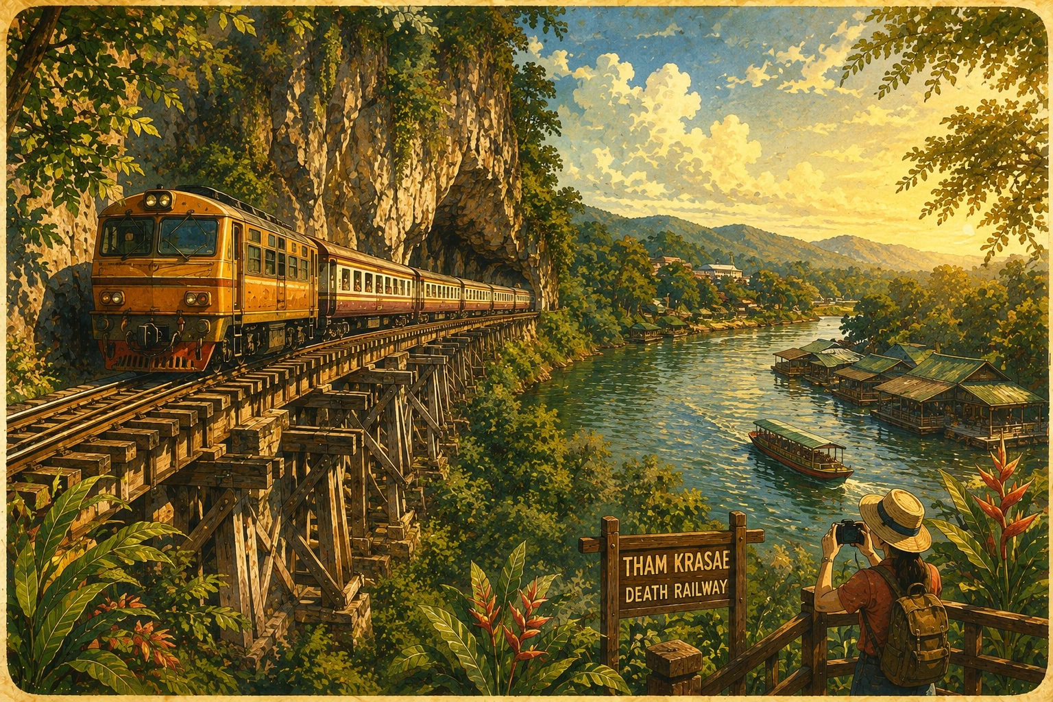 Train crossing the wooden Tham Krasae viaduct