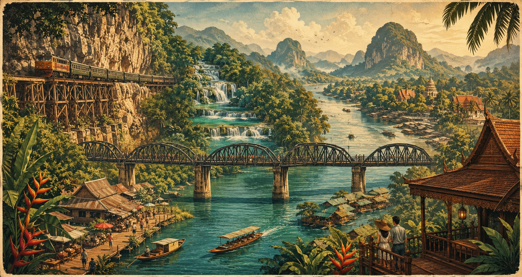 Vintage illustrated panorama of Kanchanaburi, River Kwai Bridge, railway, waterfalls, and travelers