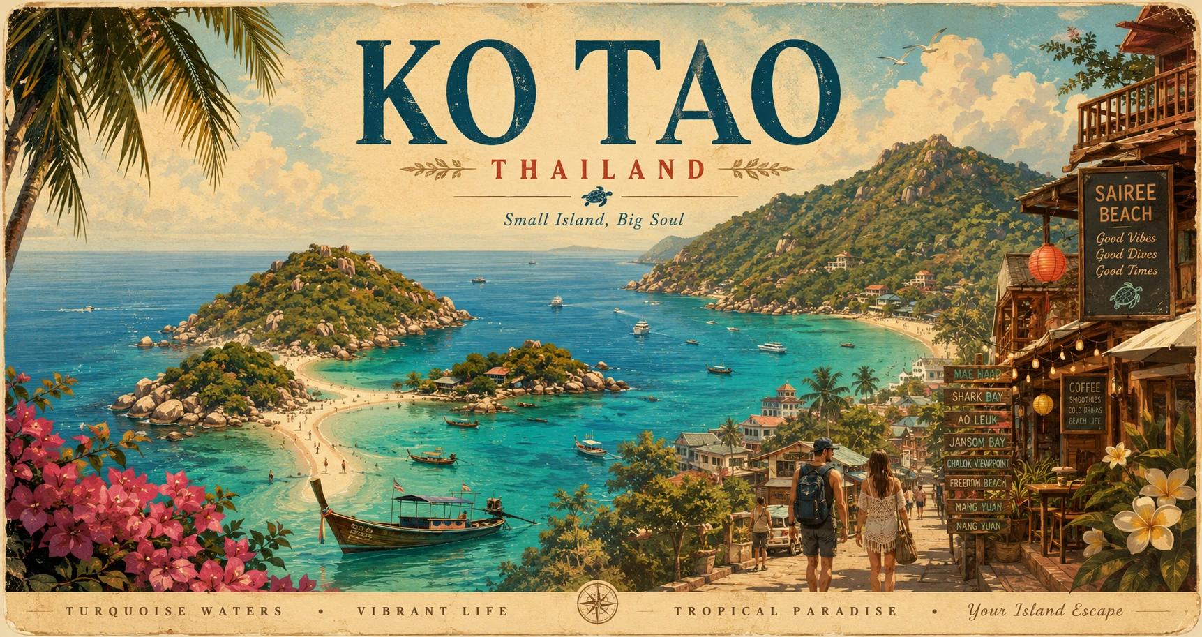 Vintage illustrated panorama of Ko Tao bays, boats, divers, and tropical hills