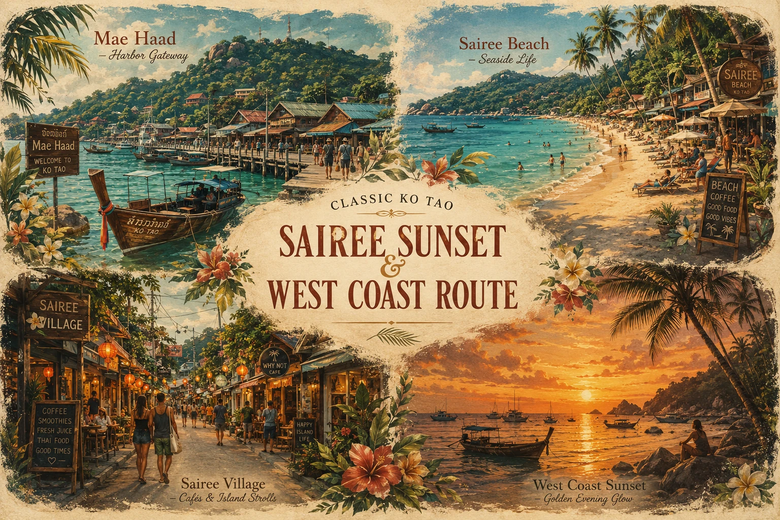 Illustrated Sairee and west Ko Tao sunset route