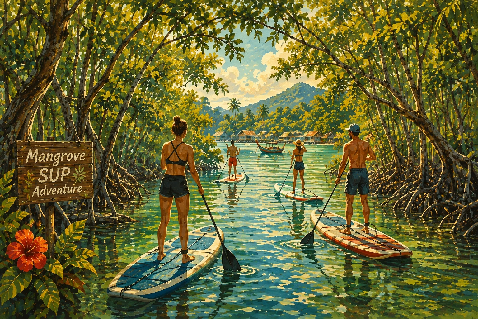 Travelers stand-up paddling in Koh Chang mangroves