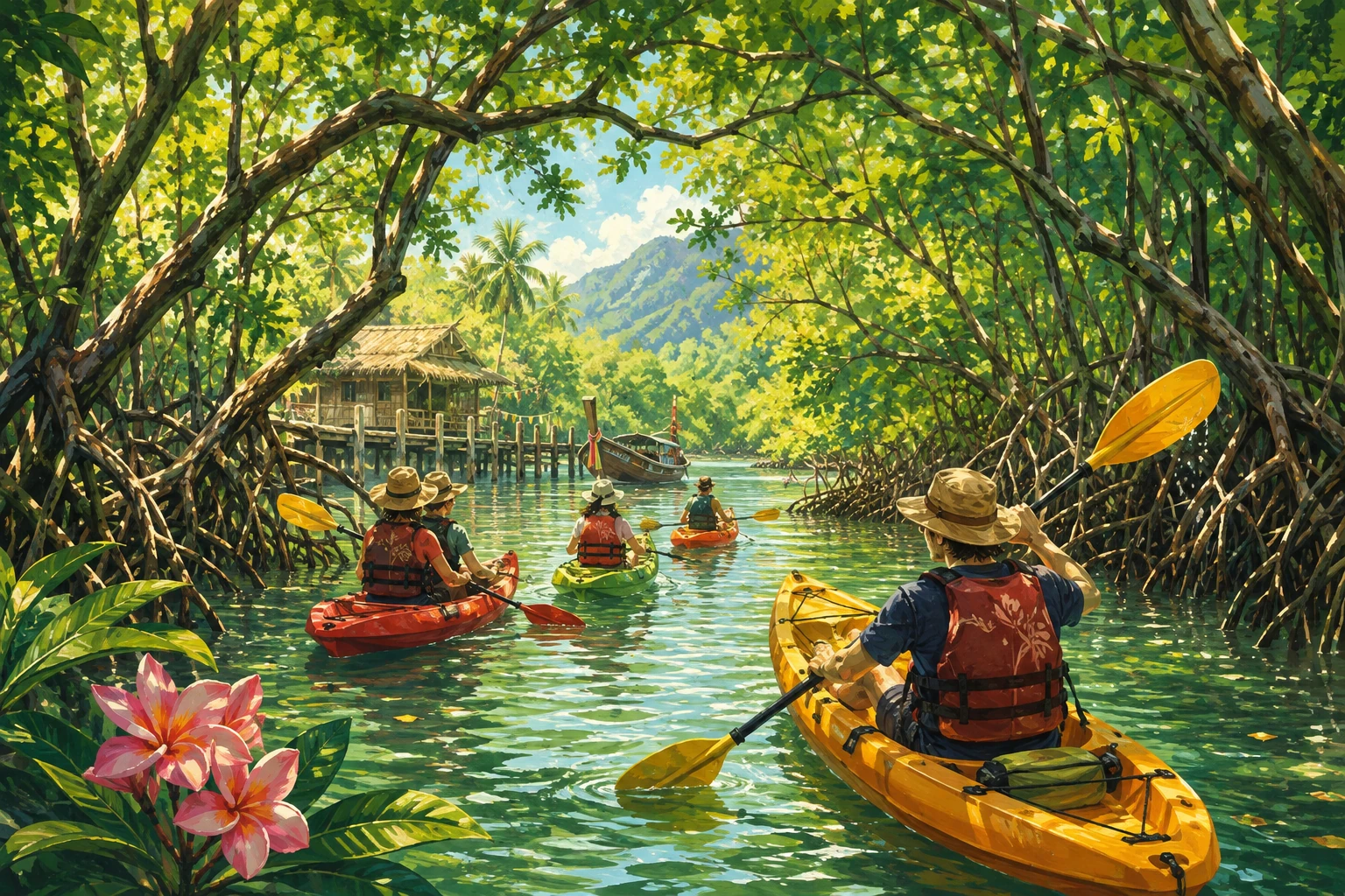 Travelers kayaking through Salak Khok mangroves