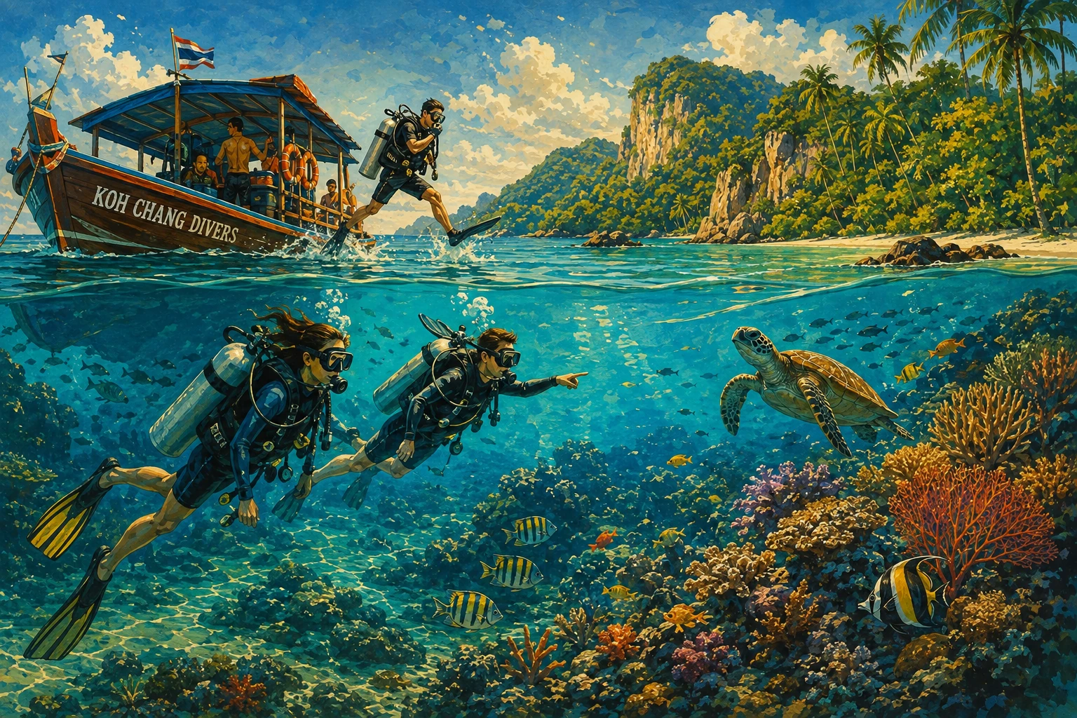 First-time divers exploring underwater near Koh Chang