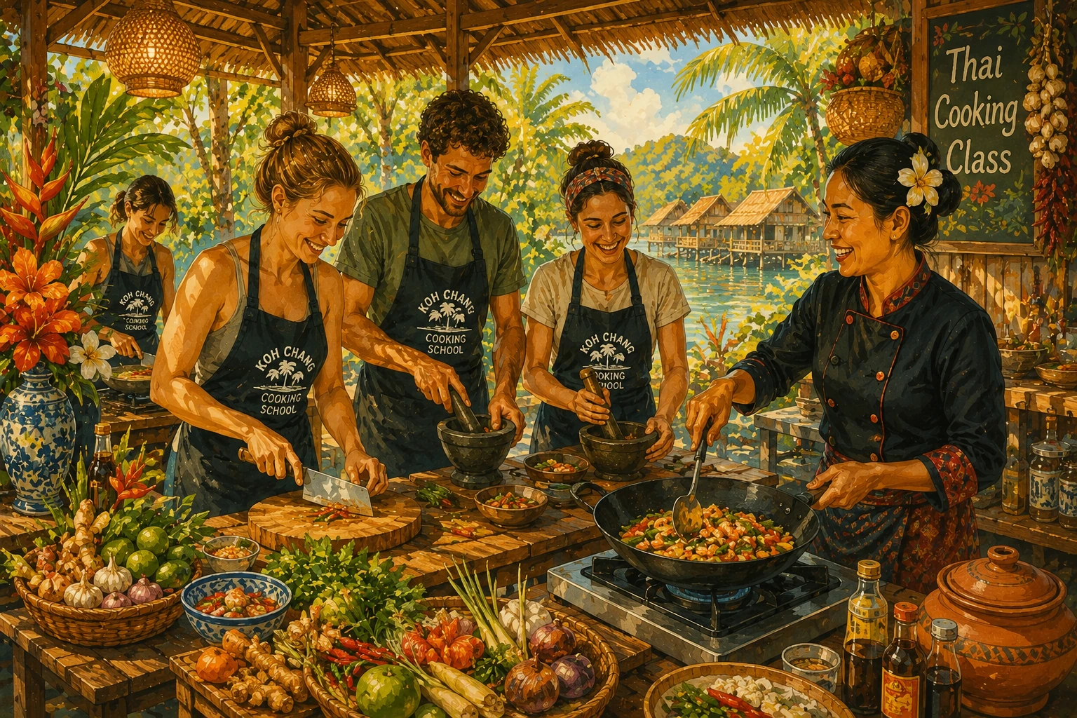 Travelers preparing Thai dishes at a Koh Chang cooking school