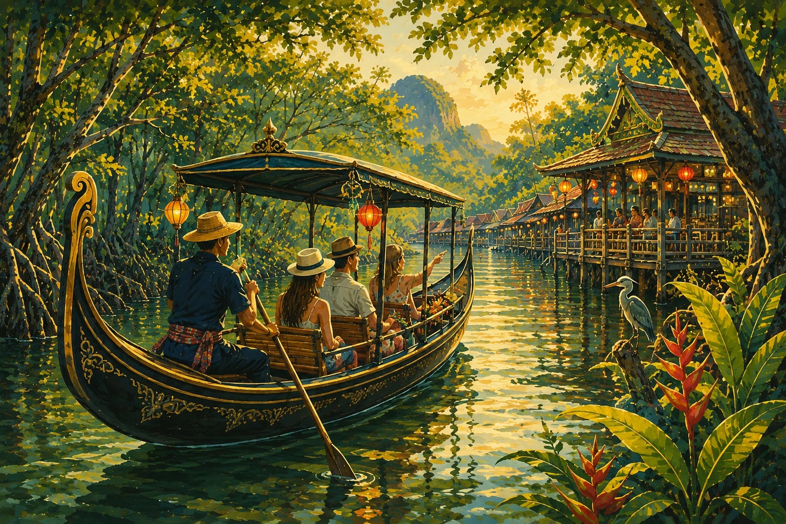 Traditional Thai gondola cruising through Salak Khok mangroves