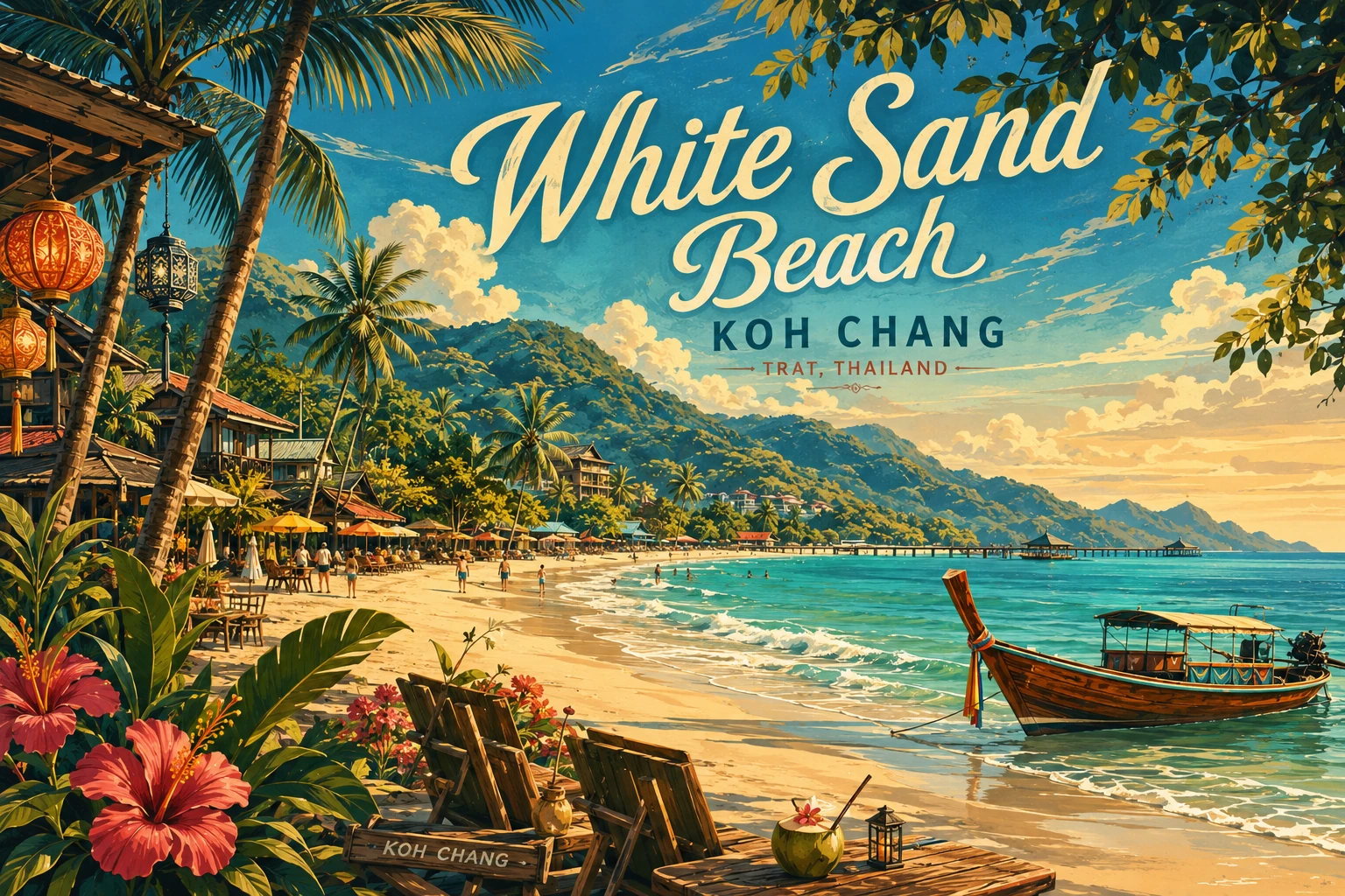 White Sand Beach on Koh Chang backed by green hills