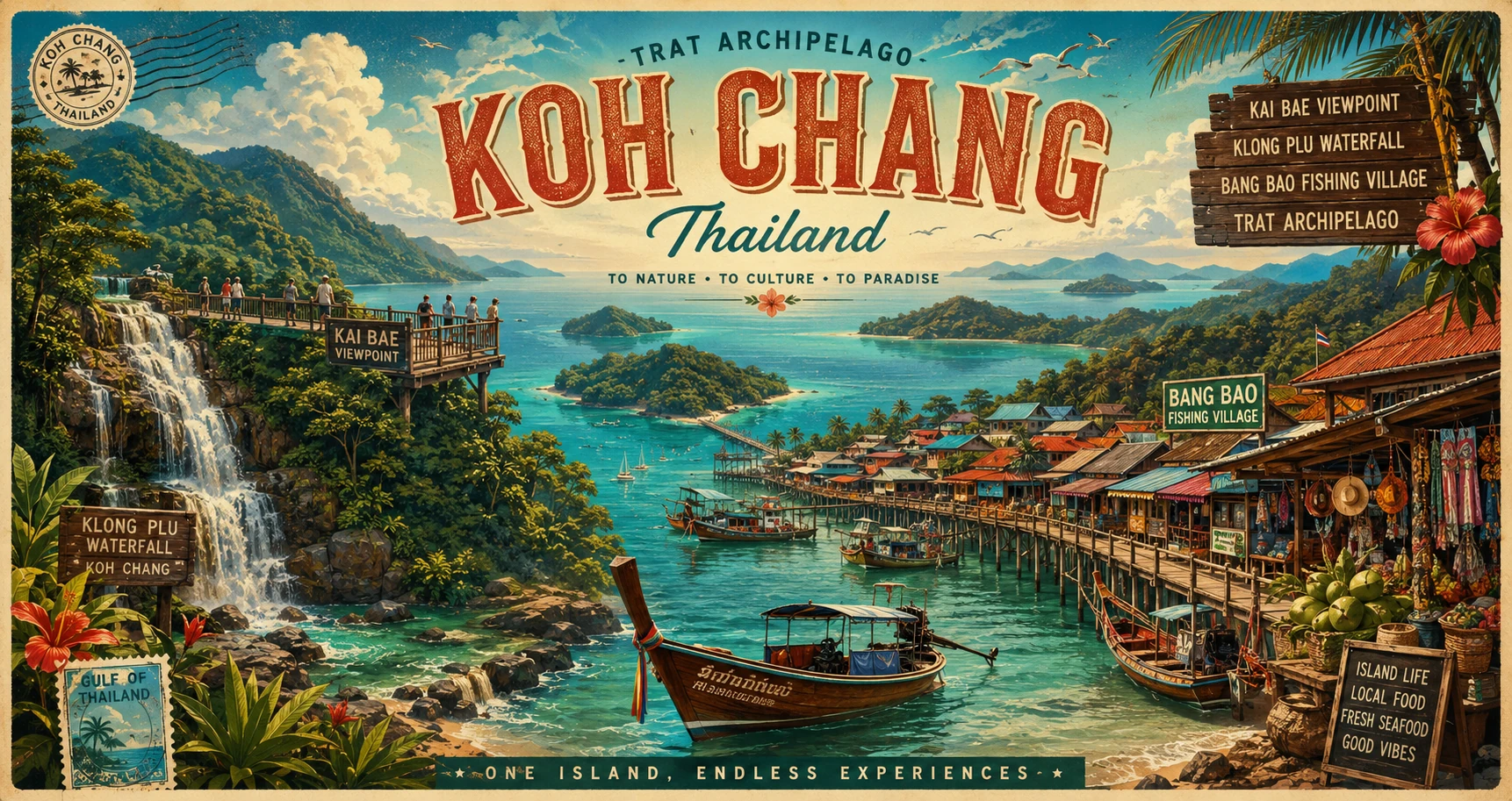 Vintage illustrated panorama of Koh Chang beaches, jungle mountains, longtail boats, and travelers