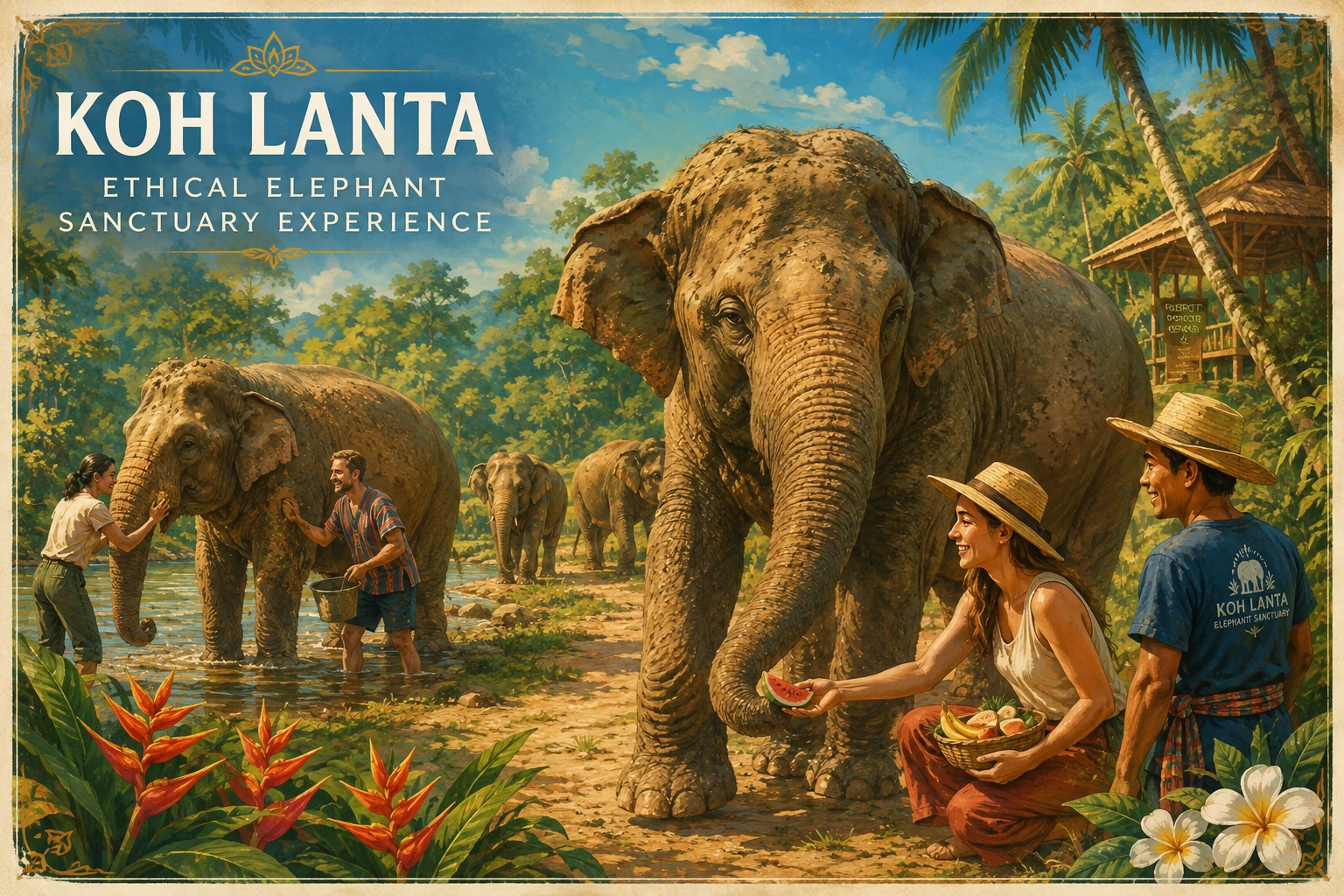 Visitors observing elephants at a Koh Lanta sanctuary
