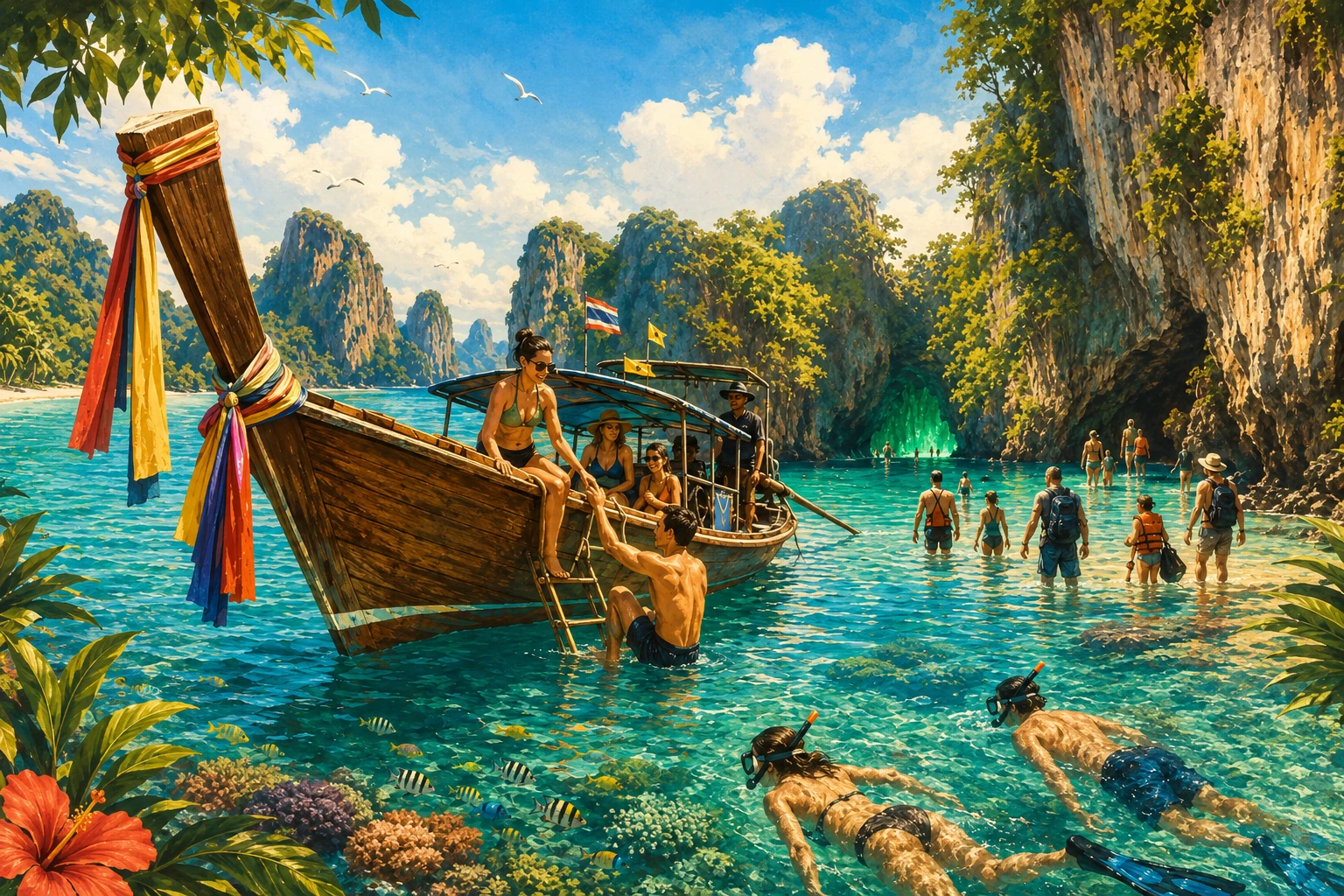 Travelers on a longtail tour to the Four Islands and Emerald Cave