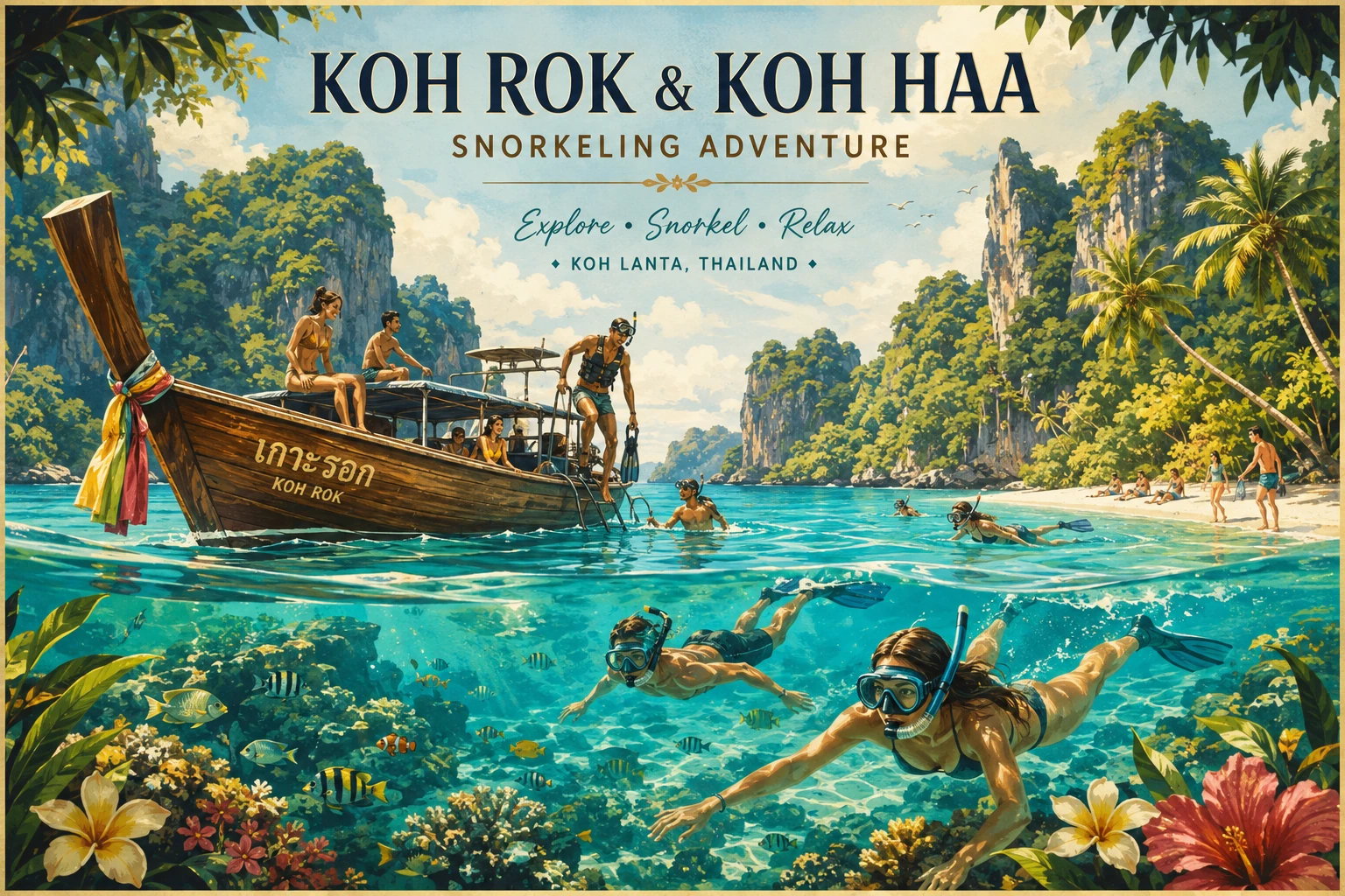 Snorkelers exploring clear reefs at Koh Rok and Koh Haa