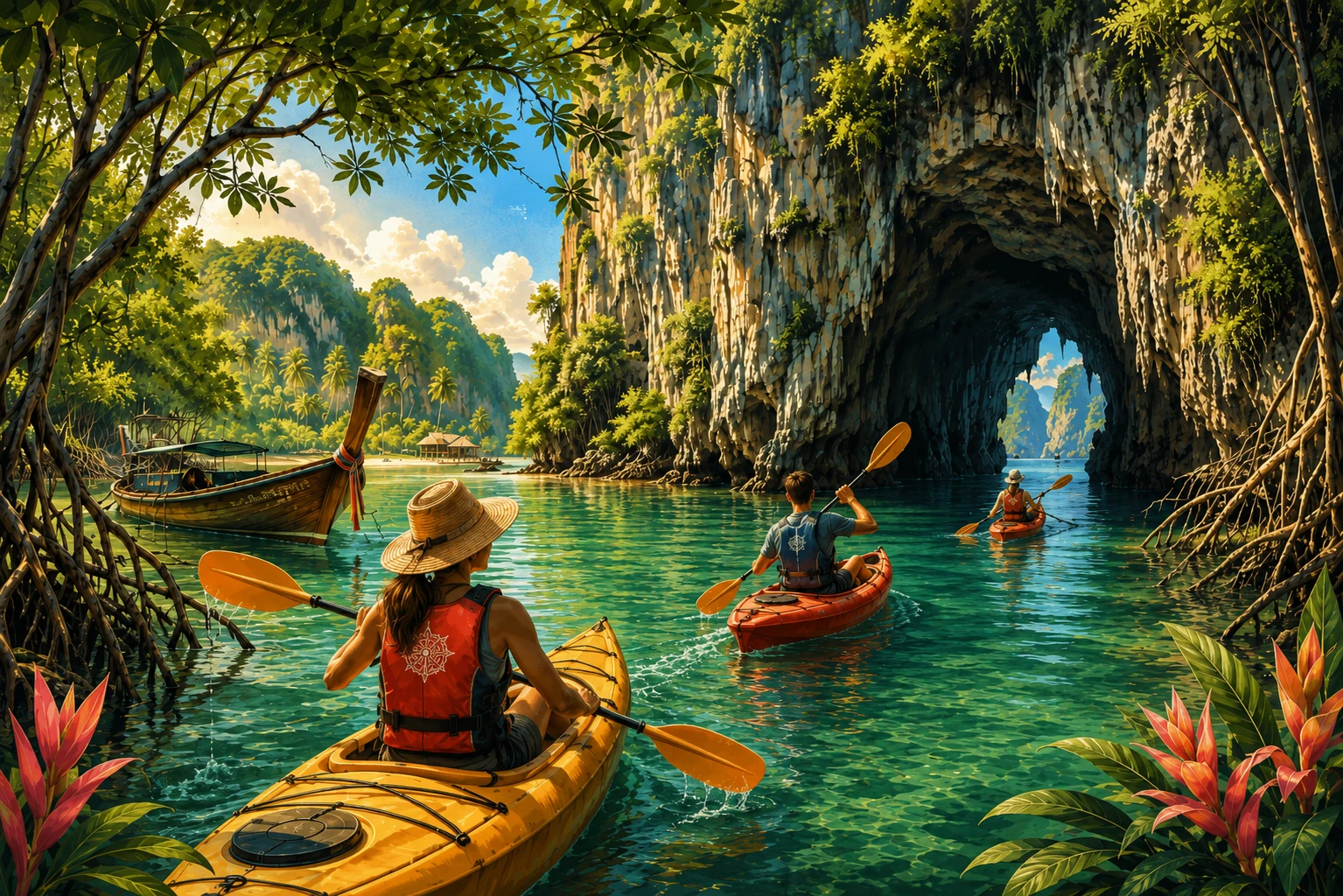Travelers kayaking mangroves and sea caves near Koh Lanta