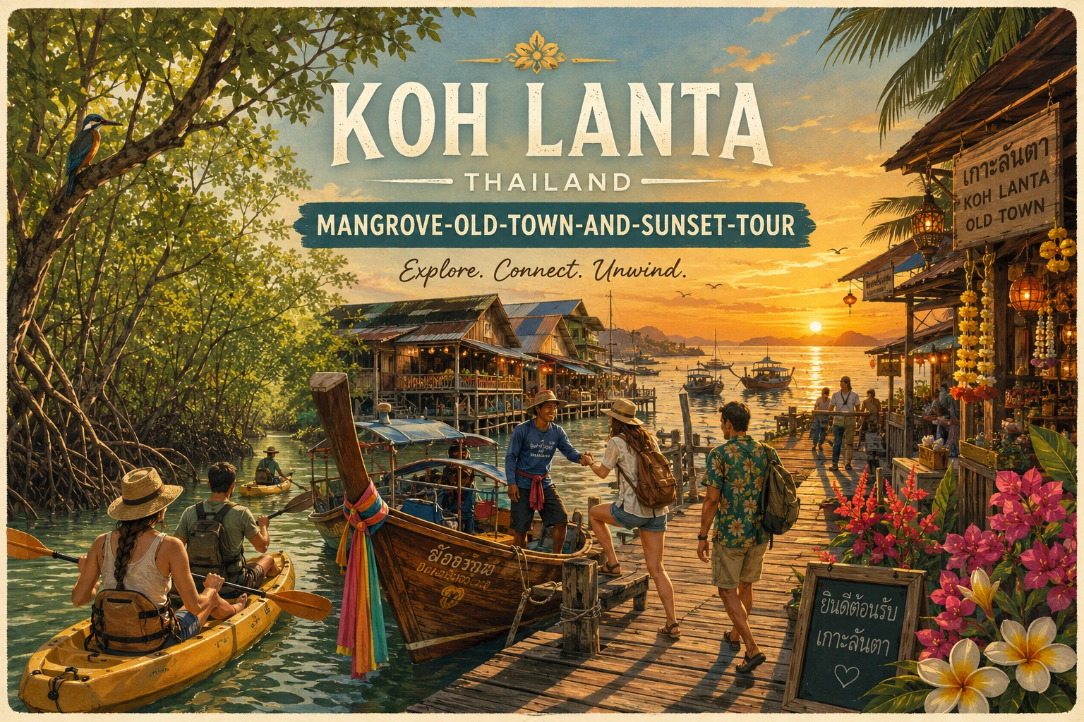 Travelers exploring Koh Lanta mangroves, Old Town, and sunset coast