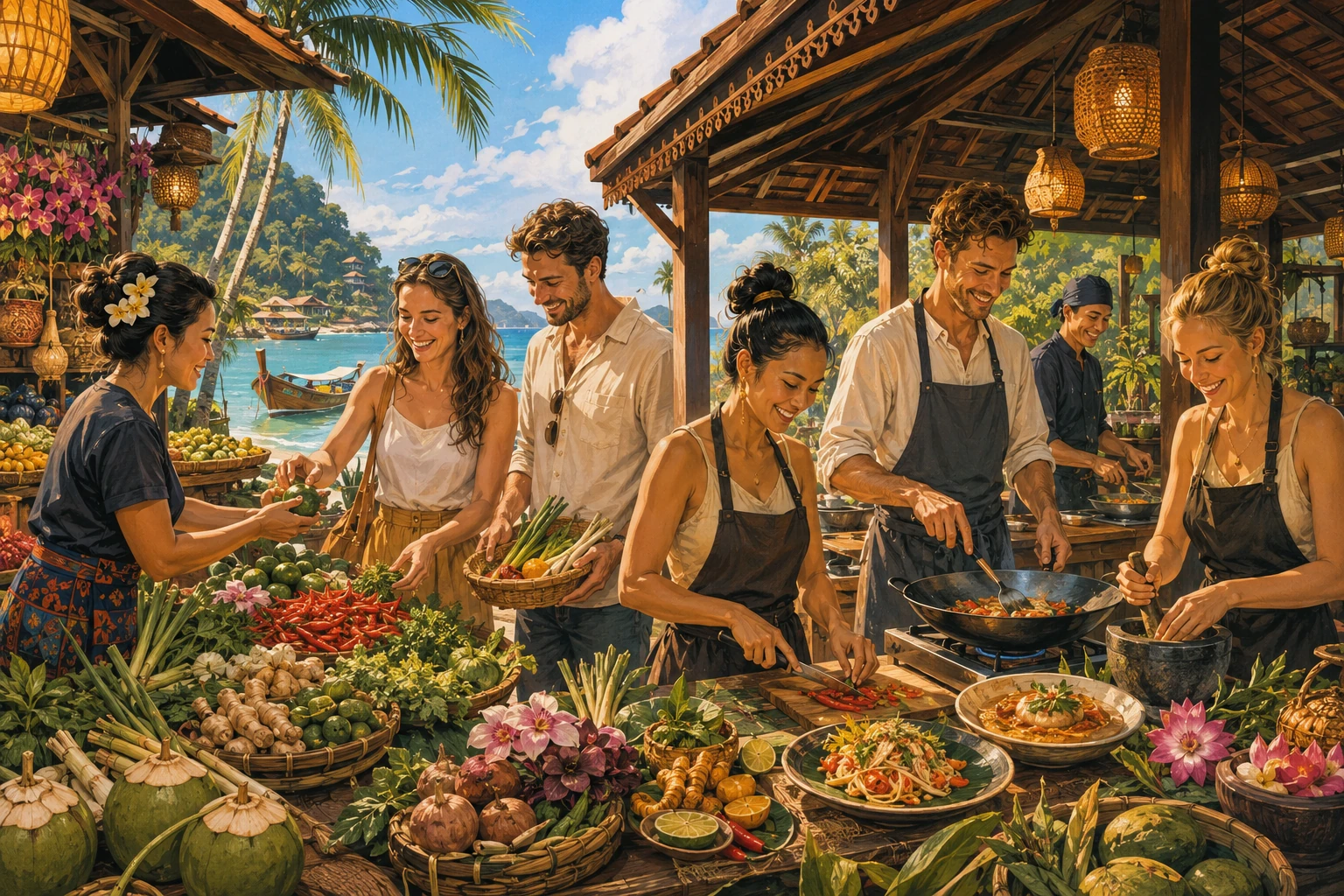 Travelers cooking Thai food after visiting a Koh Lanta market