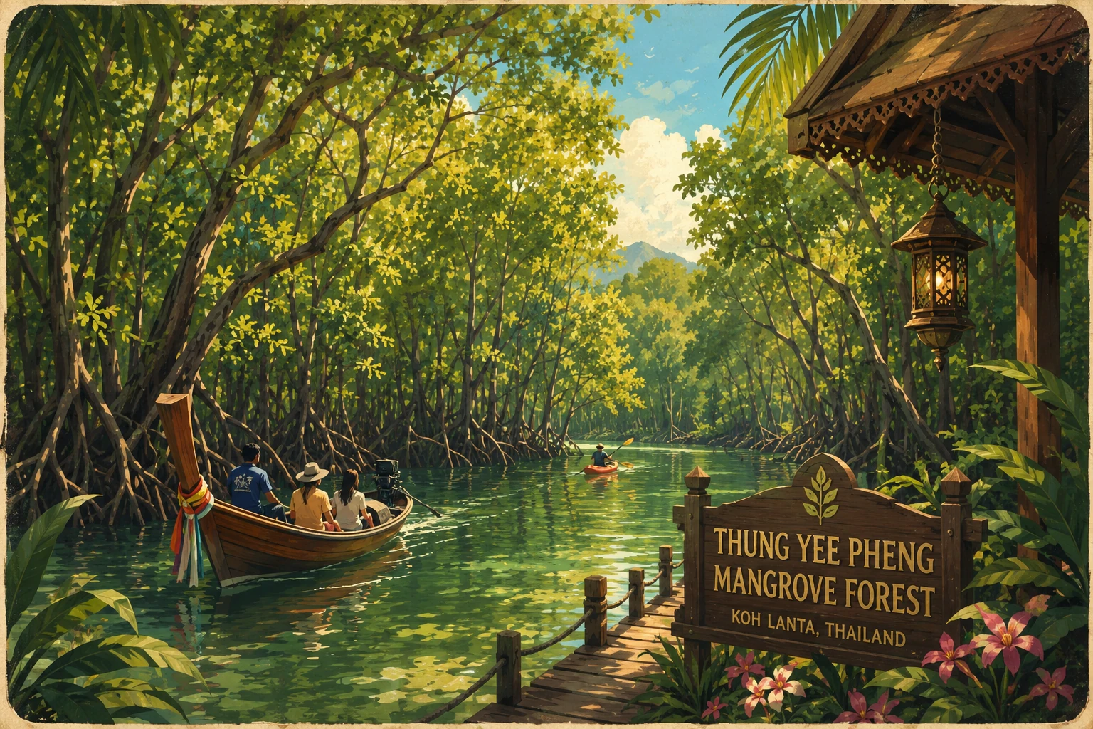 Kayaks and boardwalks in Thung Yee Pheng mangrove forest