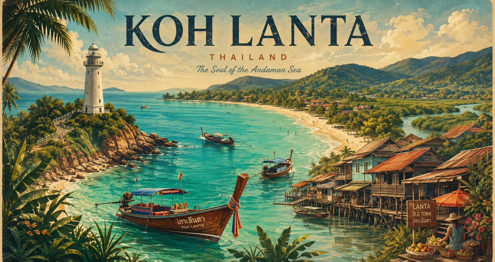 Vintage illustrated panorama of Koh Lanta beaches, longtail boats, mangroves, and travelers
