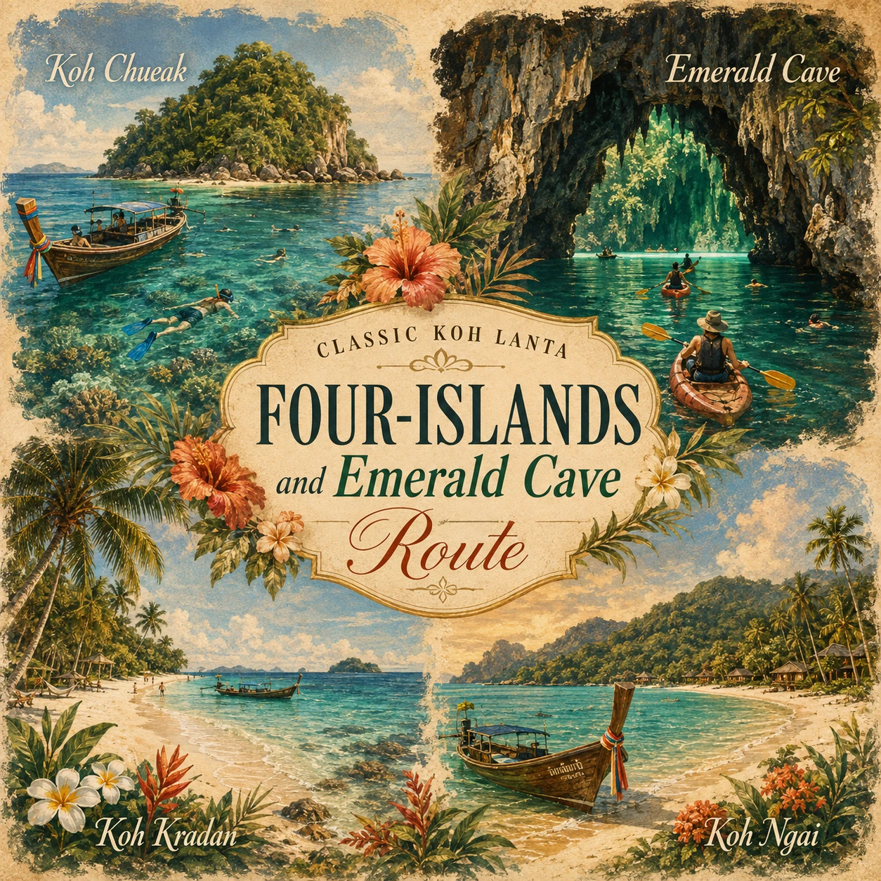 Illustrated Four Islands and Emerald Cave route from Koh Lanta