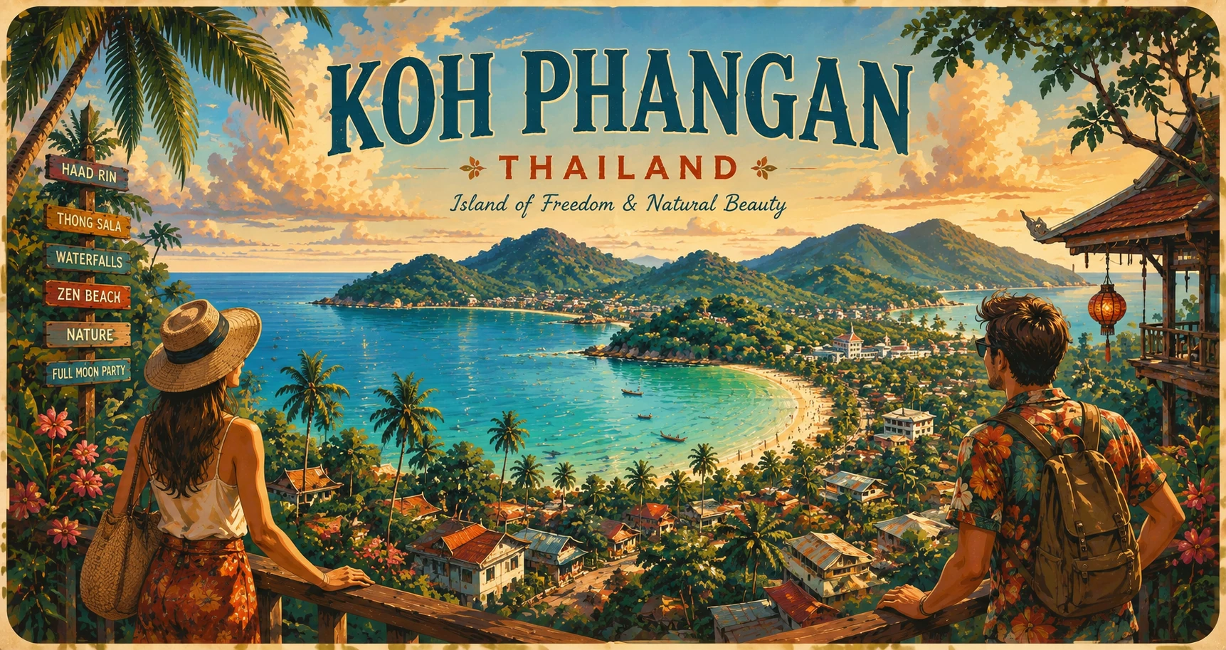 Vintage illustrated panorama of Koh Phangan beaches, jungle, boats, and travelers