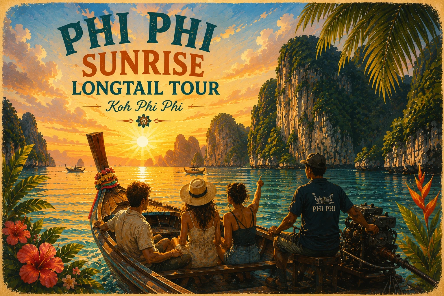 Sunrise boat arriving near Maya Bay