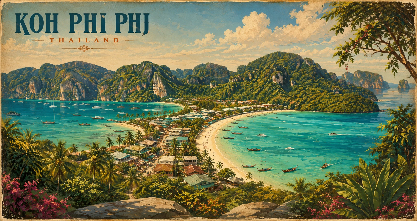 Vintage illustrated panorama of Koh Phi Phi limestone islands, lagoons, beaches, and longtail boats