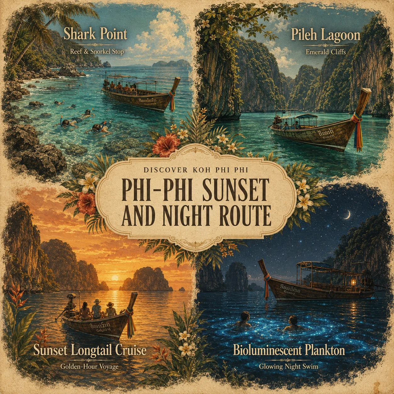 Illustrated Koh Phi Phi sunset and night route