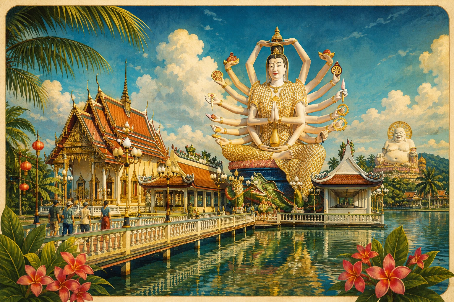 Colorful statues and lake at Wat Plai Laem