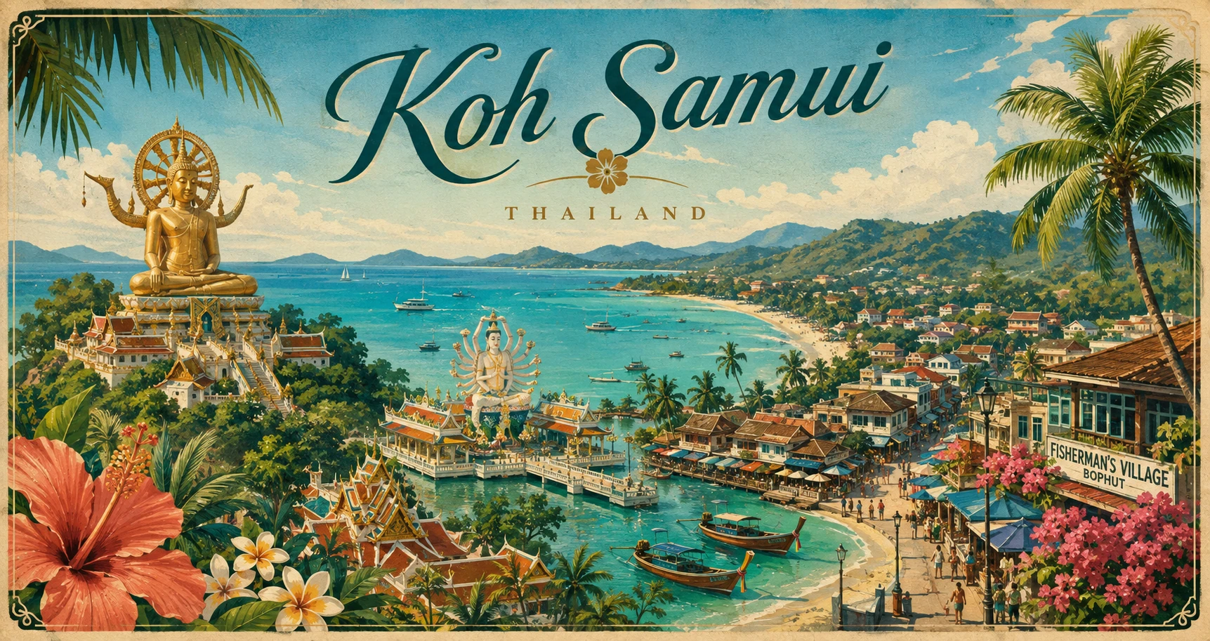 Vintage illustrated panorama of Koh Samui beaches, temples, boats, and travelers