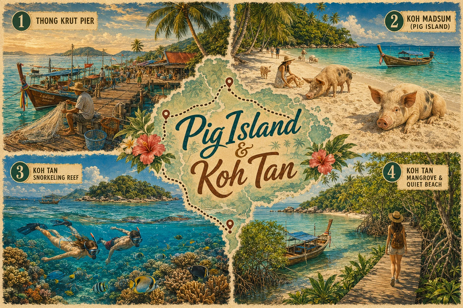Illustrated boat route to Pig Island and Koh Tan