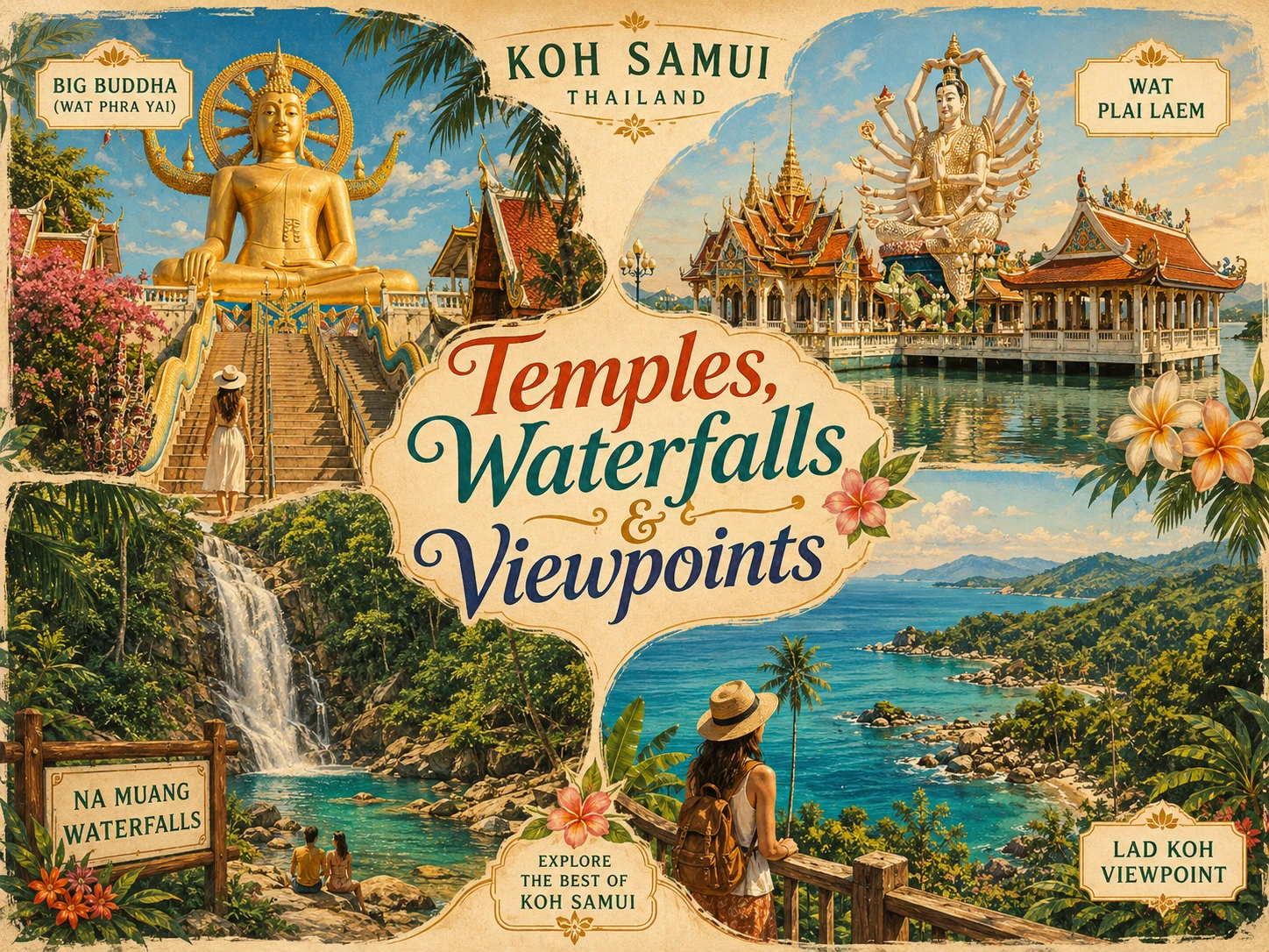 Illustrated Koh Samui temple and waterfall route