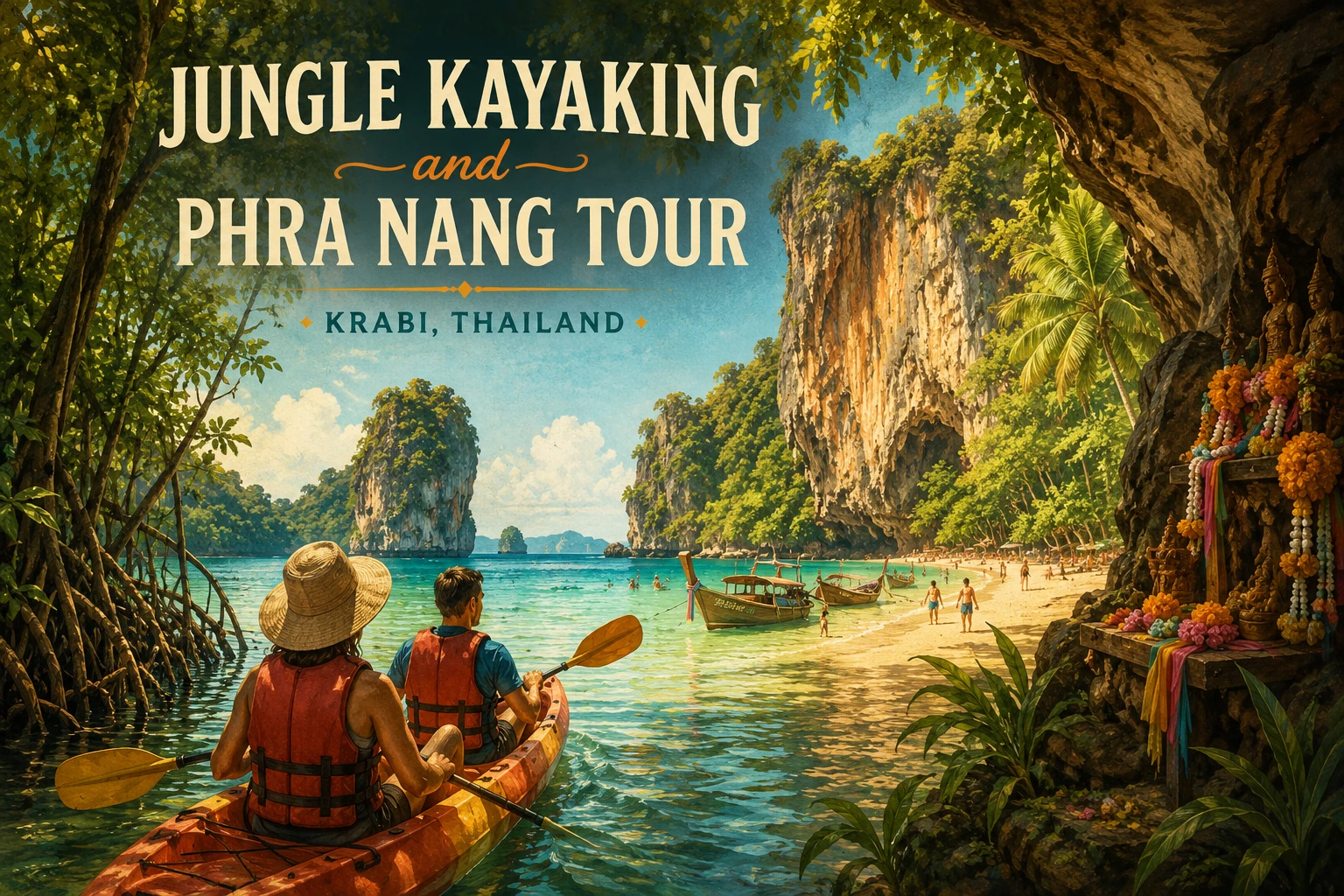 Travelers kayaking through Krabi jungle waterways