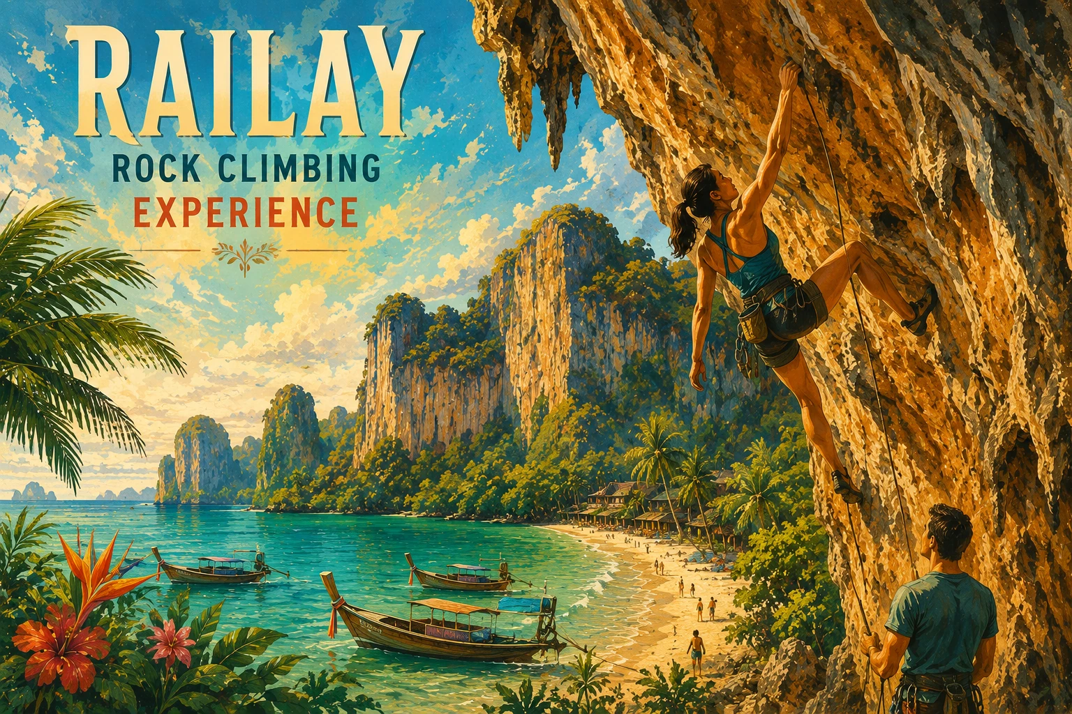 Travelers rock climbing at Railay in Krabi