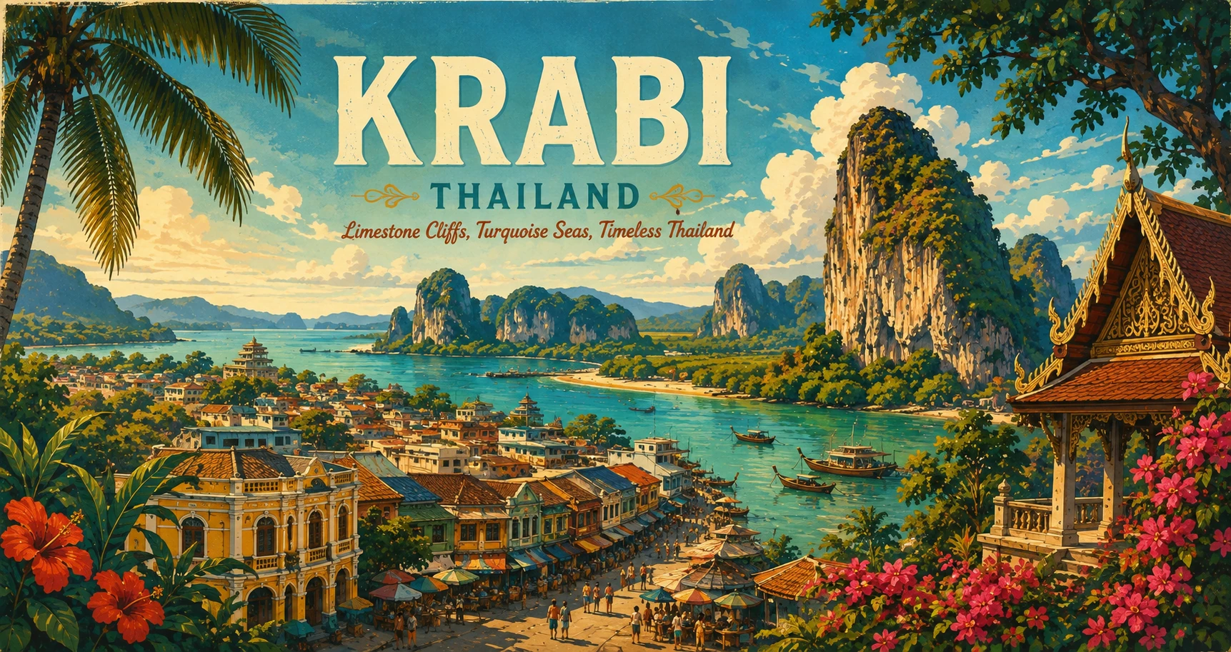 Vintage illustrated panorama of Krabi limestone cliffs, tropical islands, beaches, and longtail boats