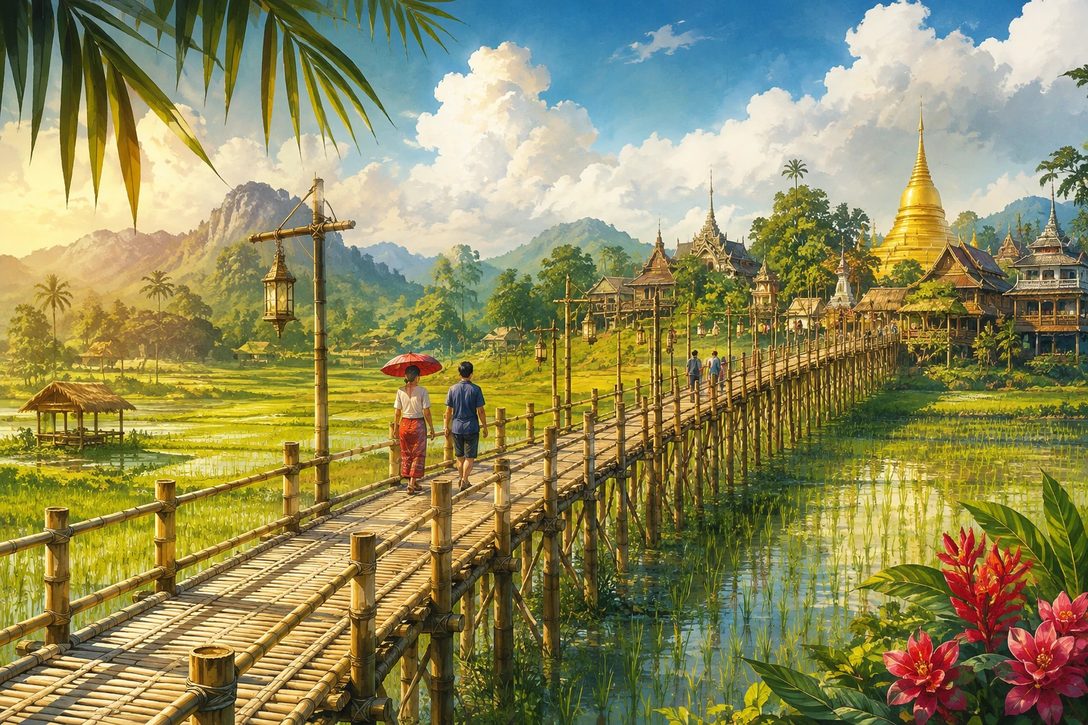 Su Tong Pae bamboo bridge over rice fields