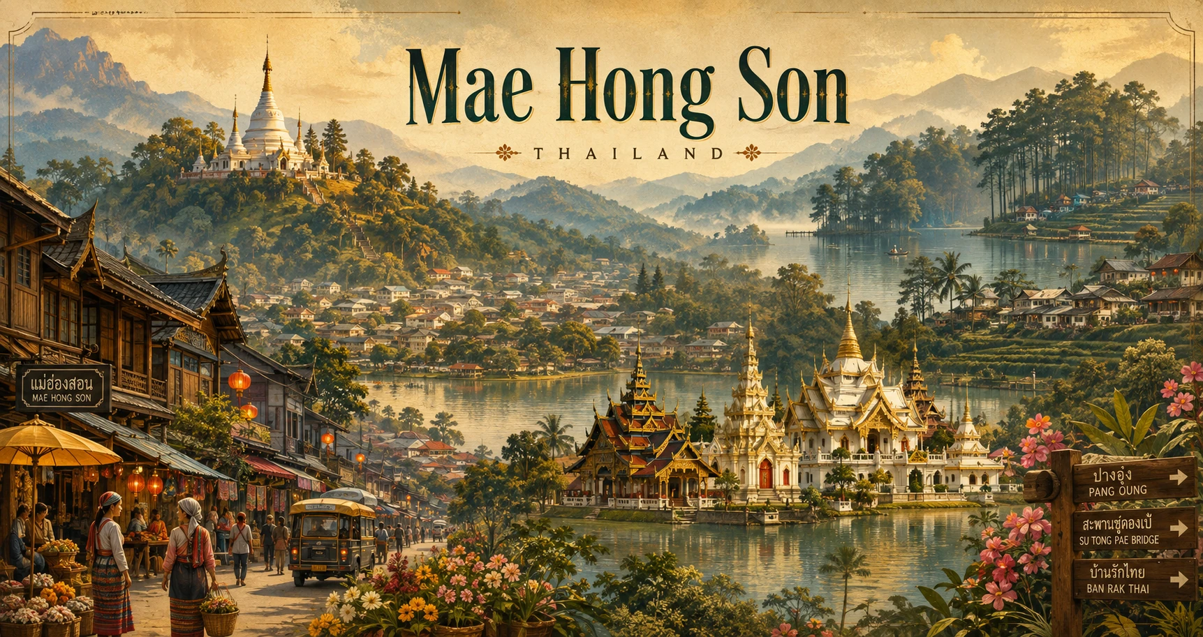 Vintage illustrated panorama of Mae Hong Son mountains, temples, tea villages, and travelers