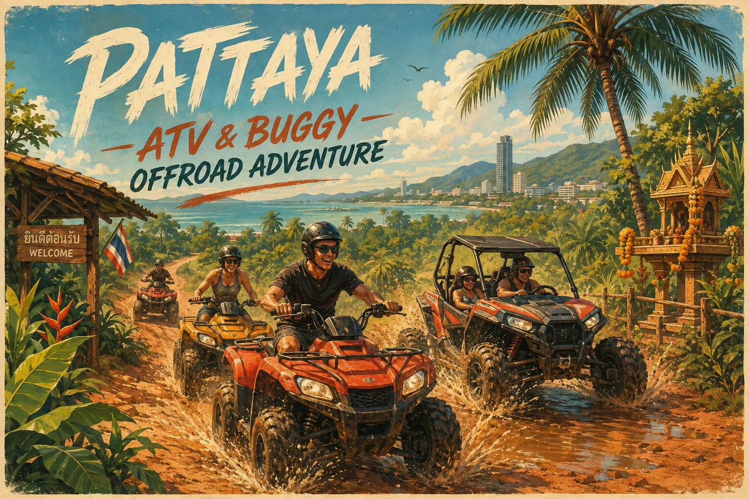 Travelers riding ATVs on an off-road trail near Pattaya