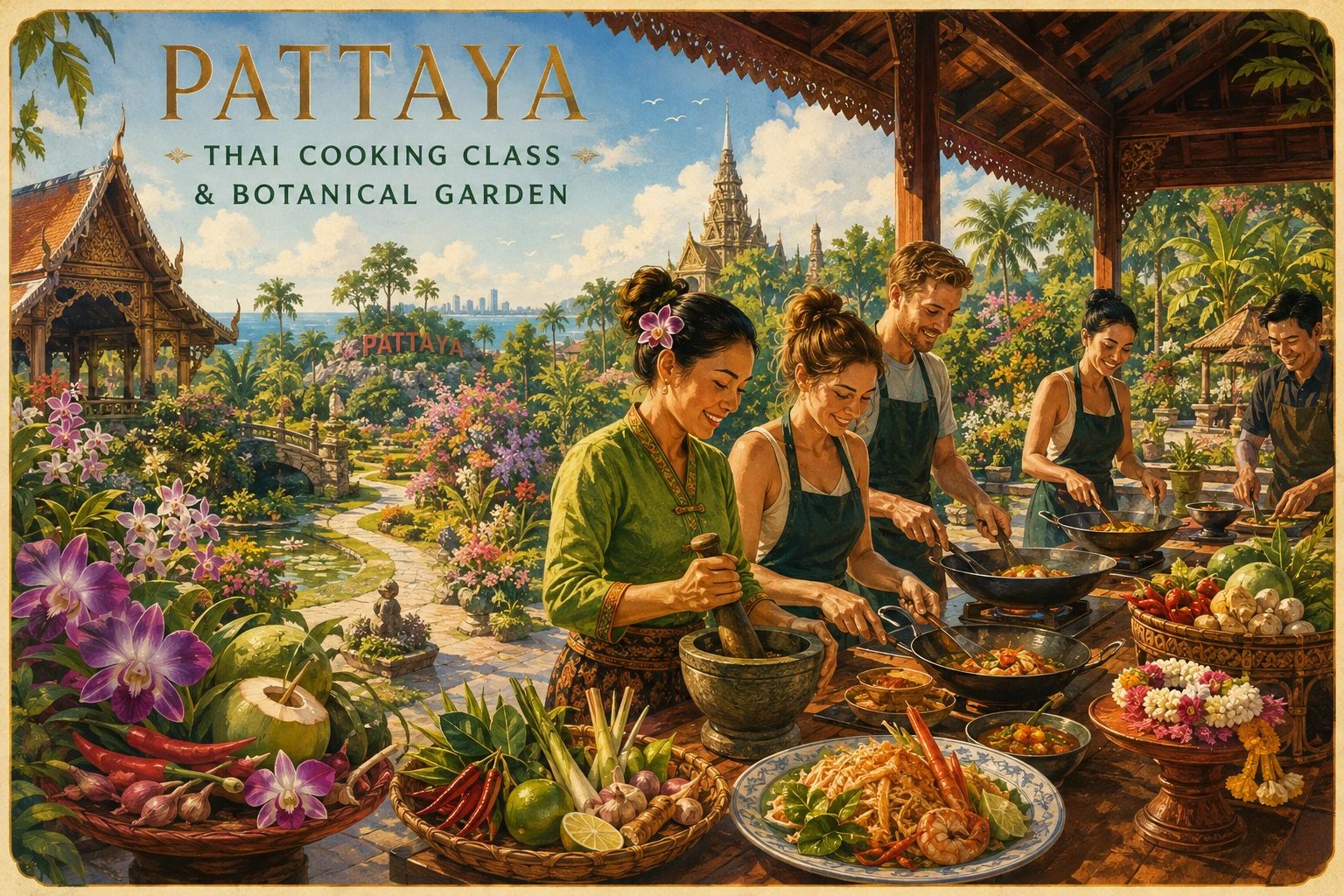 Travelers preparing Thai dishes in a tropical garden near Pattaya