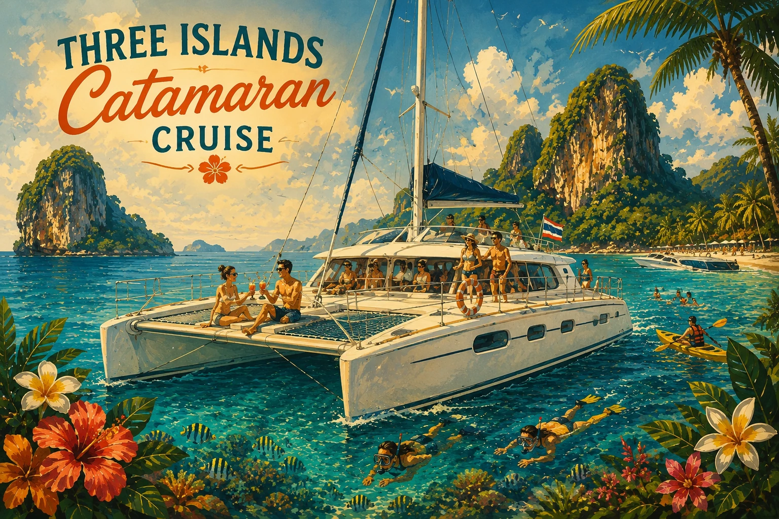Travelers aboard a catamaran between islands near Pattaya
