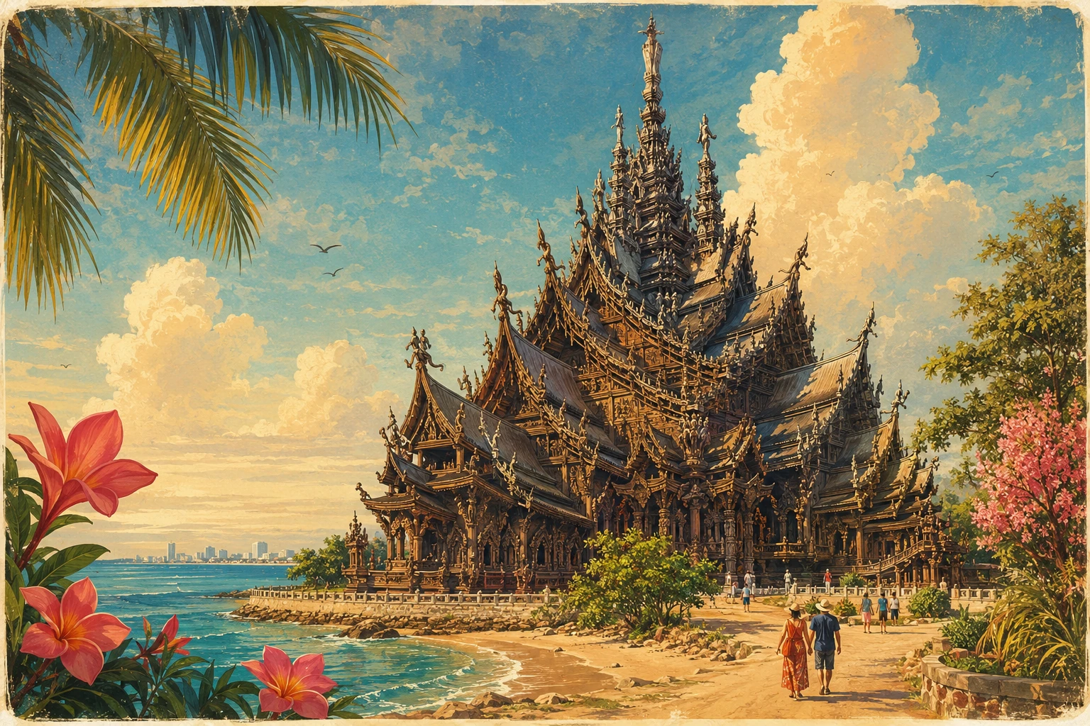 Ornately carved Sanctuary of Truth beside the sea in Pattaya