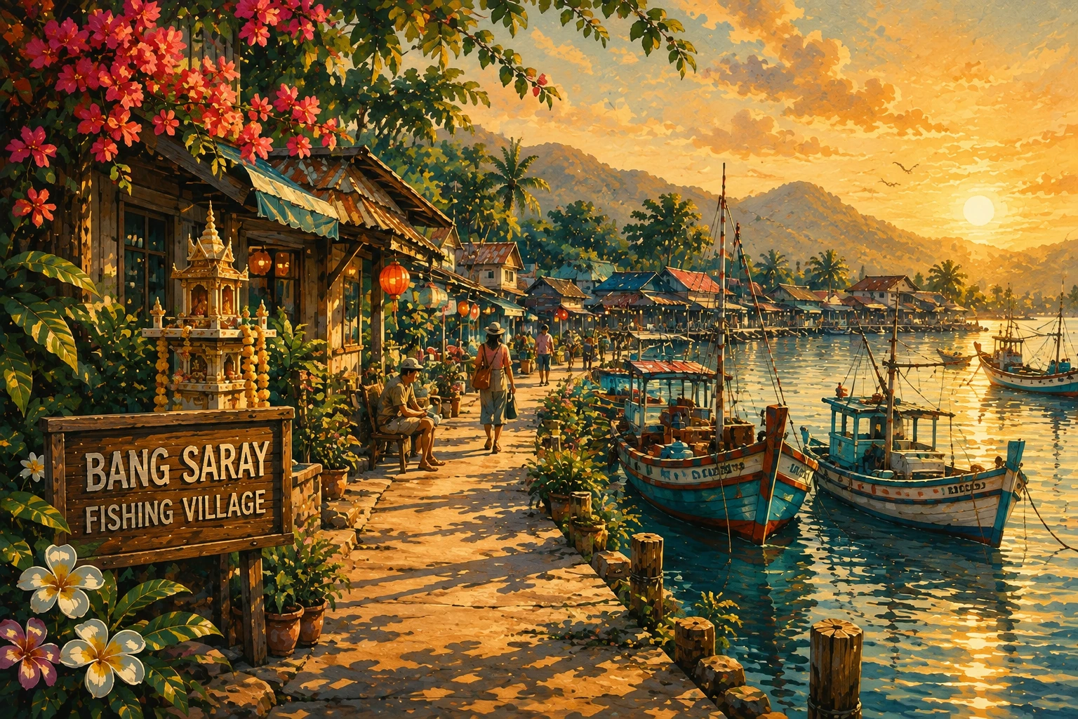 Traditional boats and waterfront in Bang Saray