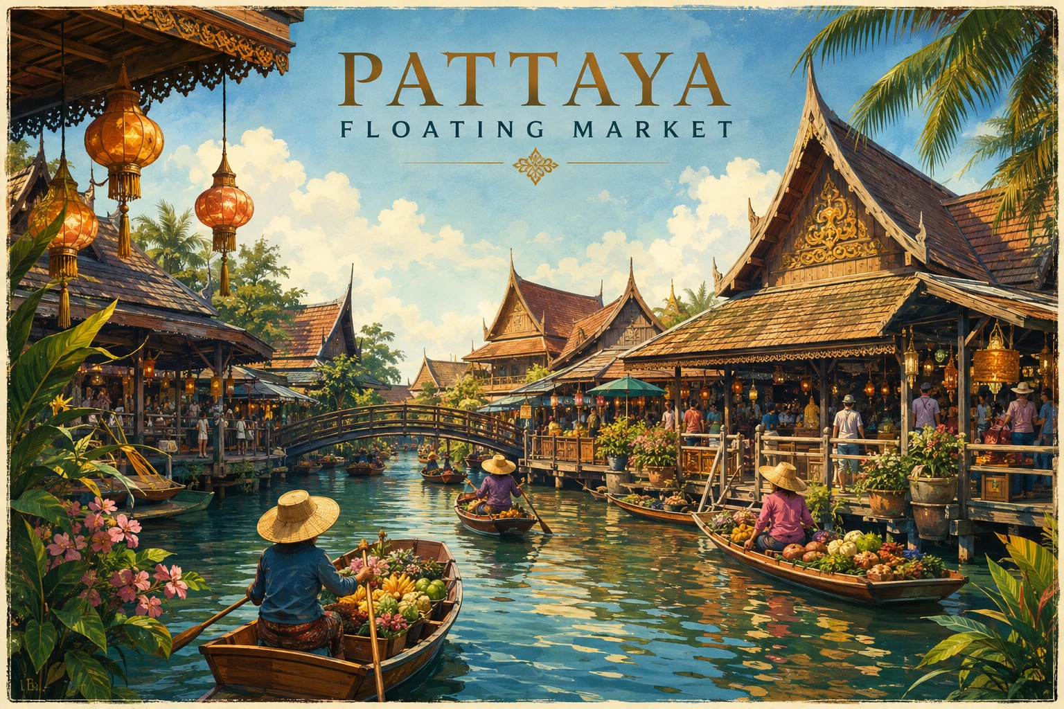 Wooden boats and market stalls at Pattaya Floating Market