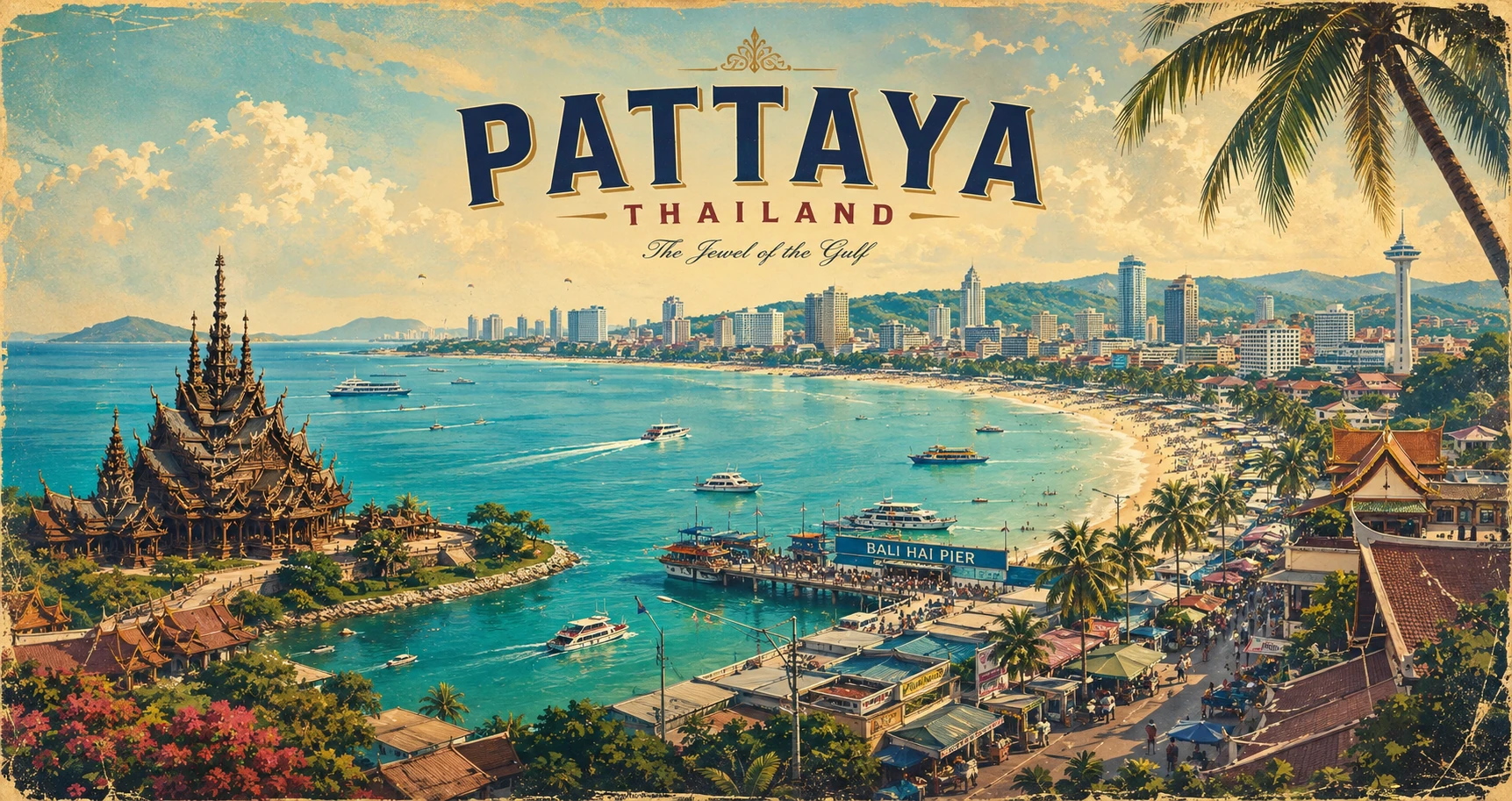 Vintage illustrated panorama of Pattaya beaches, islands, temples, gardens, and travelers