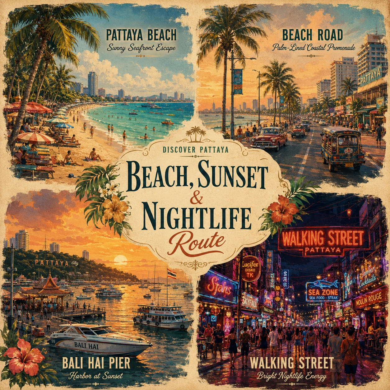 Illustrated Pattaya beach sunset and nightlife route