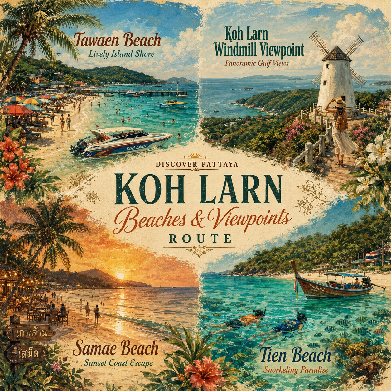Illustrated Koh Larn beach and viewpoint route